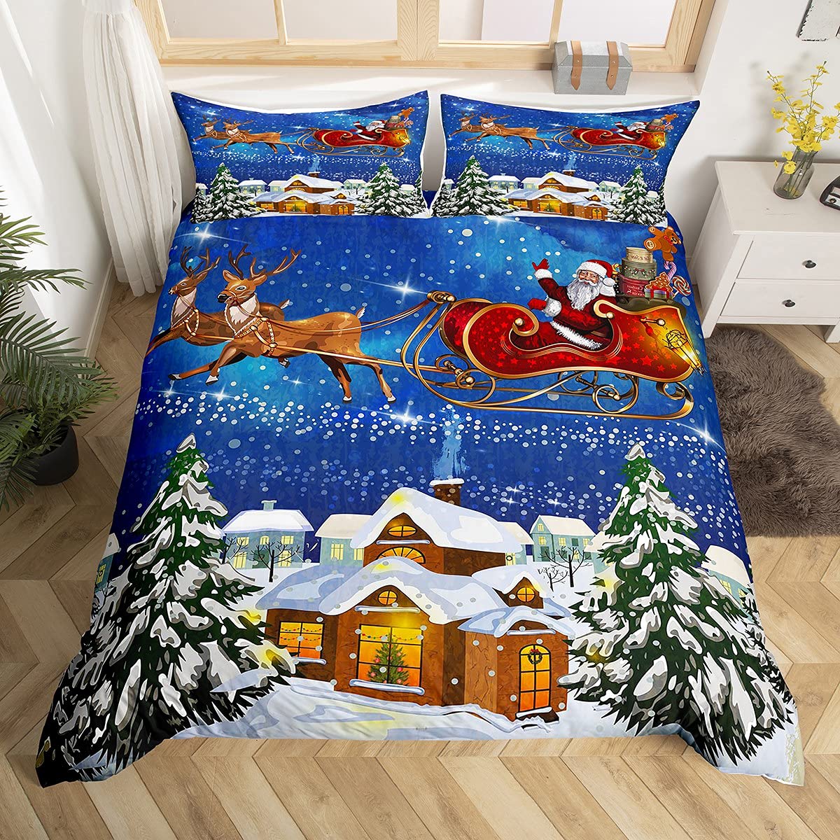 Zestaw pościeli bożonarodzeniowej 155 x 220 cm, Święty Mikołaj i łoś, jeleń, płatek śniegu, poszewka na kołdrę do sypialni, motyw bożonarodzeniowy, pocieszyciel/poszewka na kołdrę z 2