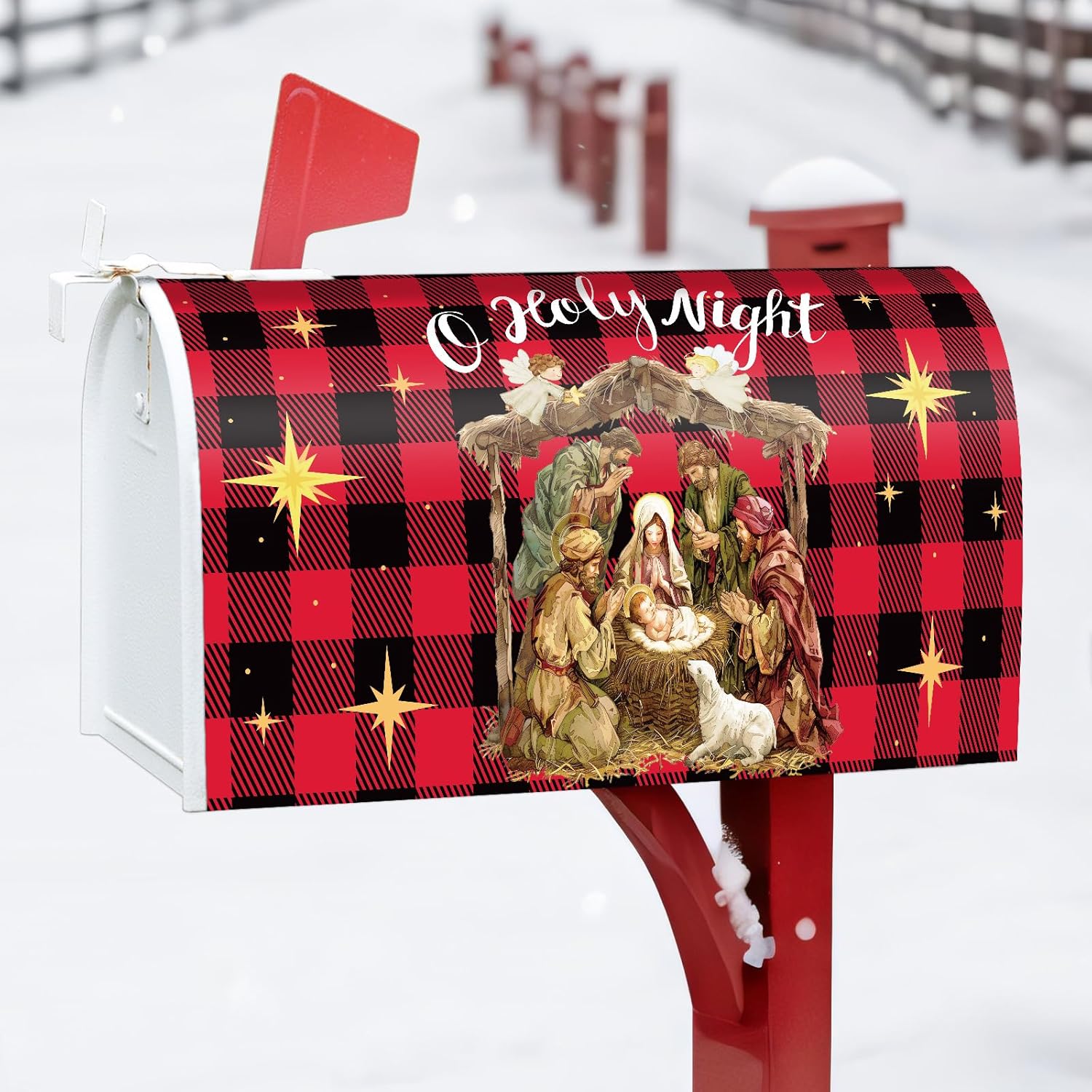 QOUBAI Christmas Nativity Mailbox Cover Magnetic 18X21in Buffalo Plaid Holly Night Mailbox Covers Wrap Winter Xmas Holiday Religious Christian Jesus Post Letter Box Cover for Home Garden Outdoor Decor