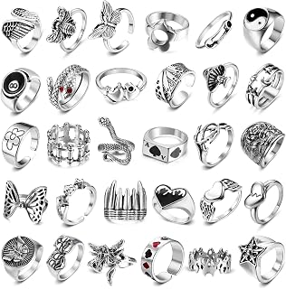 Gothic Rings Mens Set, Vintage Punk Rings Set for Women, 16/30/42Pcs Cool Silver Boho Snake Claw Ying Yang Butterfly Chunky Knuckle Rings Open Adjustable Goth Stackable Rings Jewellery