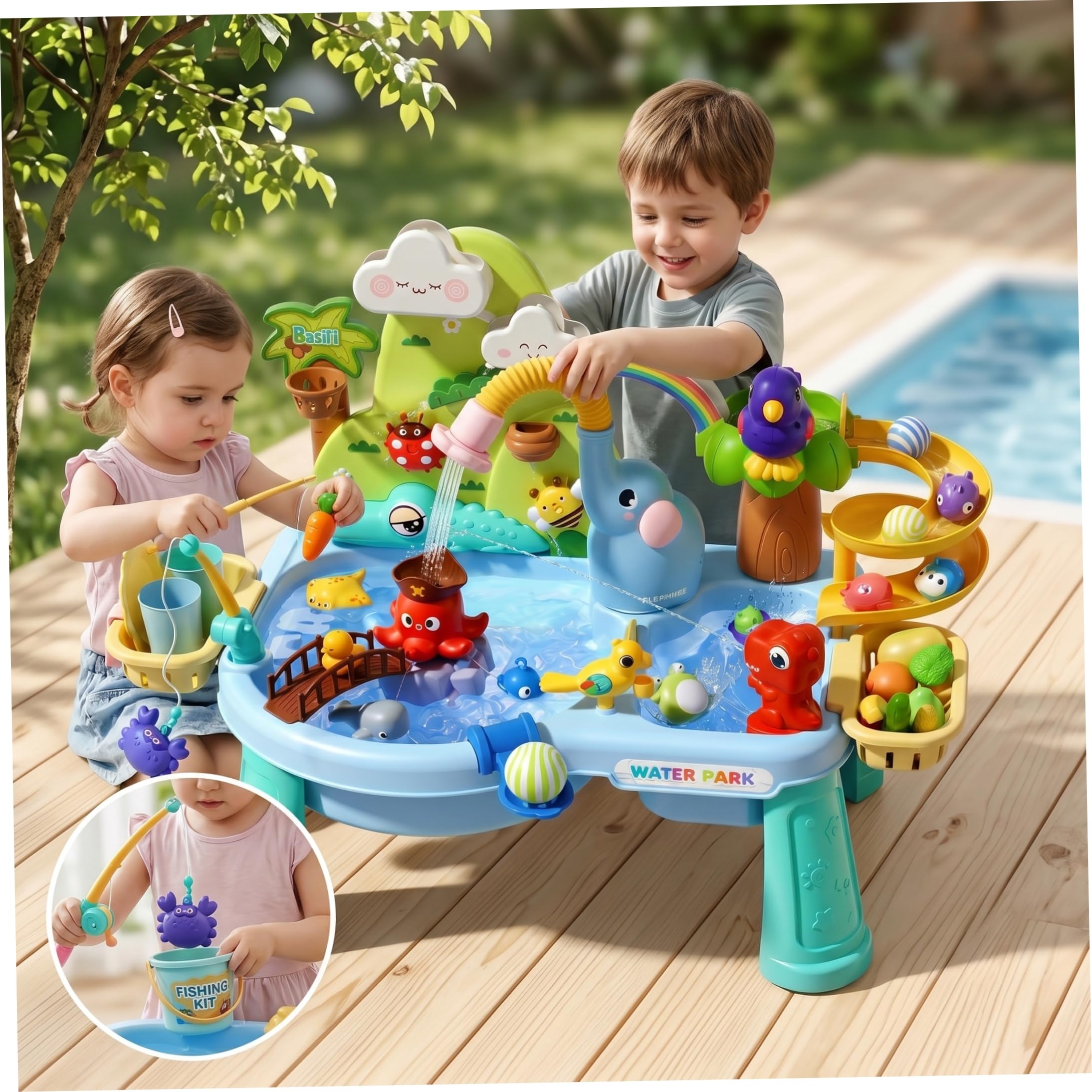 Tavoli sensoriali combinati con sabbia e acqua, Tavolo acquatico multigioco per bambini piccoli, Tavolo sensoriale a ricircolo elettrico con spruzzatore a forma di elefante, Blu, Ornaments de jardin