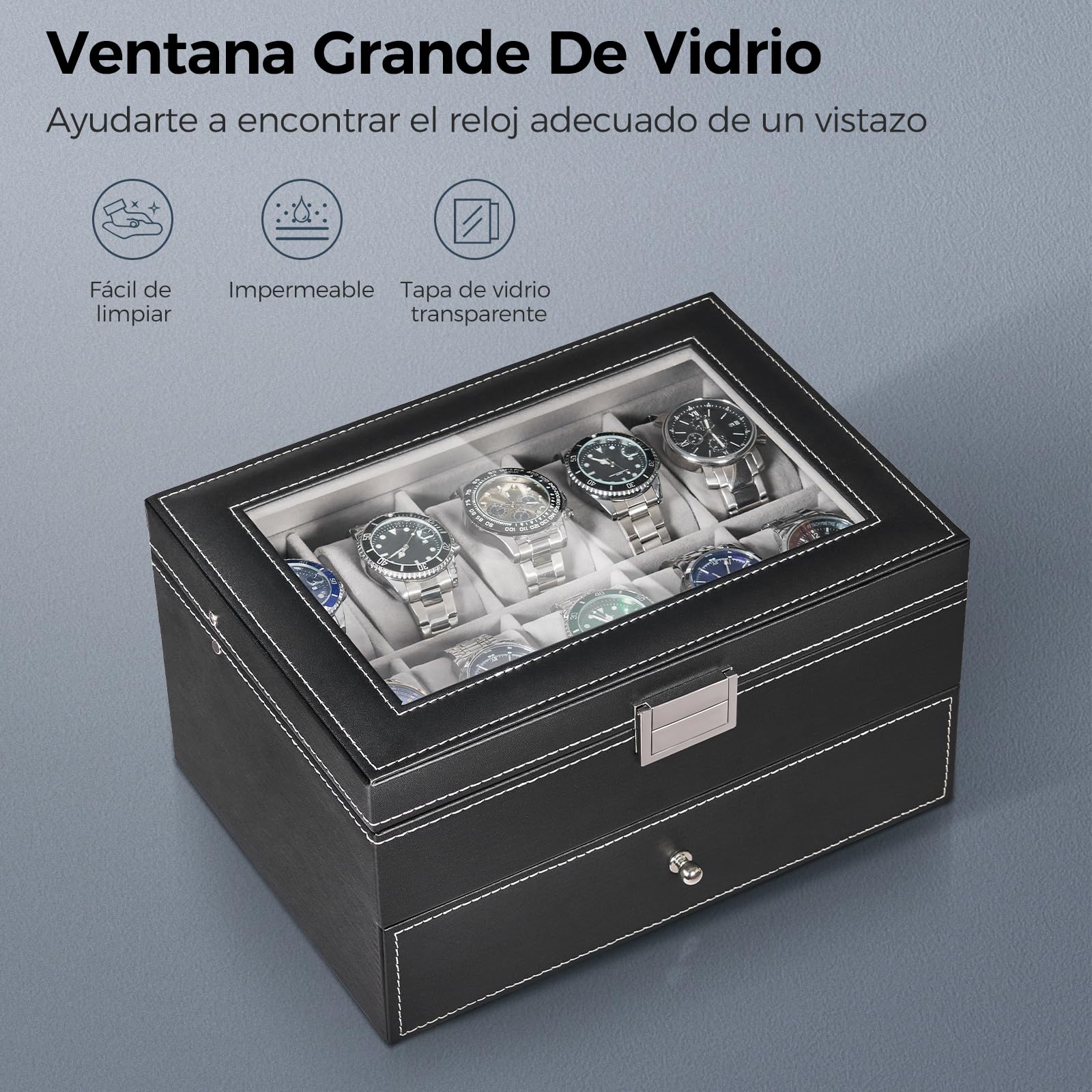 BEWISHOME Caja de Relojes 20 Compartimentos Estuche Tapa Cristal Negro ESSH04B