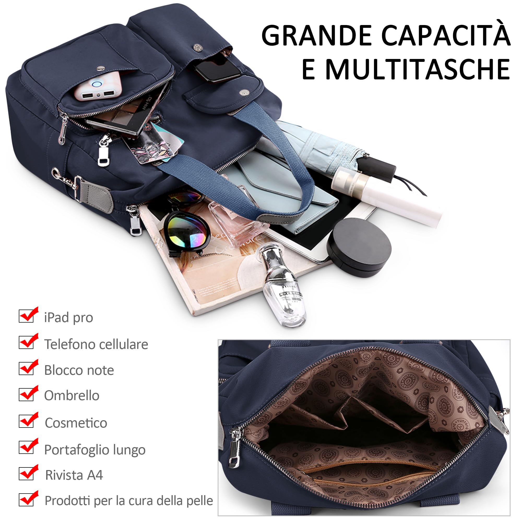 Borsa Donna Grande, Borsa a Spalla e Tracolla Multitasche Impermeabile, Shopper Leggera per Lavoro, Viaggio, Shopping e Uso Quotidiano Blu