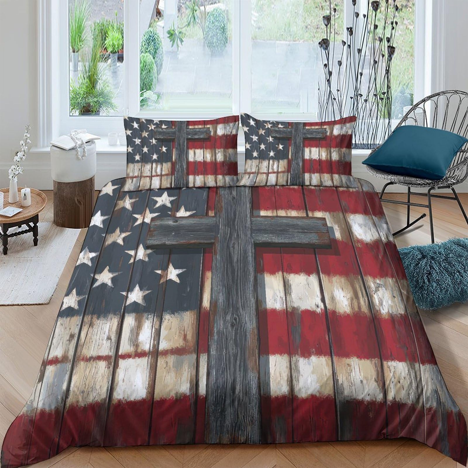 Ctjqhvkz Style-5 3D Printed American Flag Cross Fitted Sheet Microfiber Soft Breathable Rustic Bed Cover For Bedroom Decor Single（135X200cm）