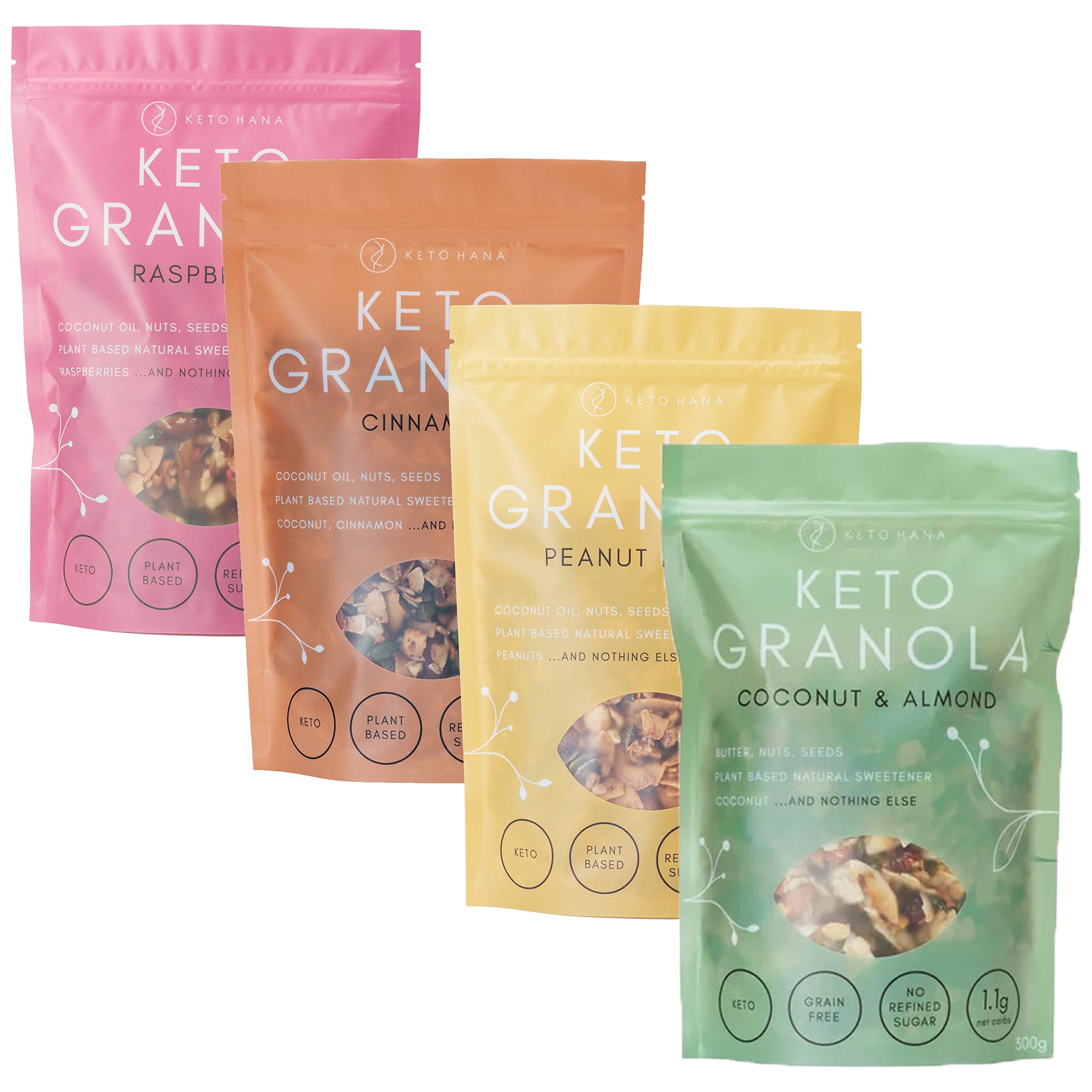 Keto Hana Breakfast Granola Cereal Variety Bundle with 4 x 300gr Bags Includes Coconut & Almond Butter, Raspberry, Peanut Butter & Cinnamon