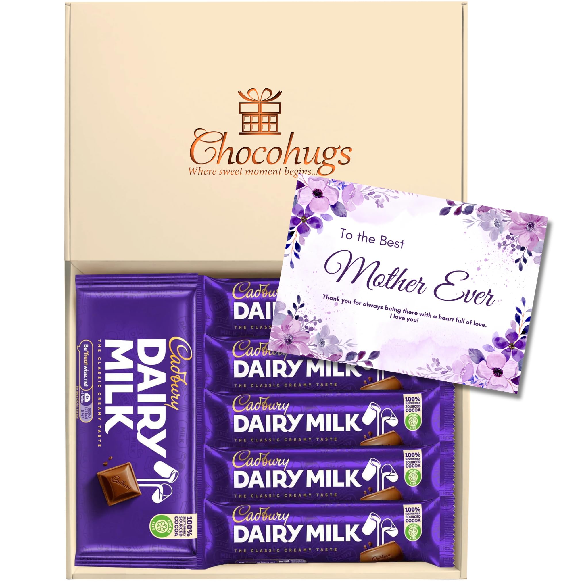 – Chocohugs Chocolate Gift Hamper Box | Gift for Mother/Mom/Mum/Woman | Filled with Dairy Milk Full Sized Chocolate Block and Bars | Treat Box of Chocolates
