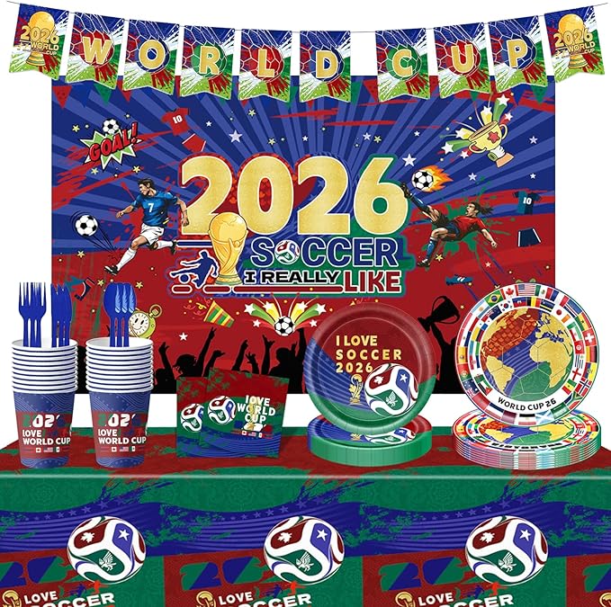 Party Decorations for World Cup 2026, 82 PCS Soccer Theme Party Supplies with Thickened Plates, Napkins Set Tablecloth and Banner for Sports Birthday Party, Soccer Decor