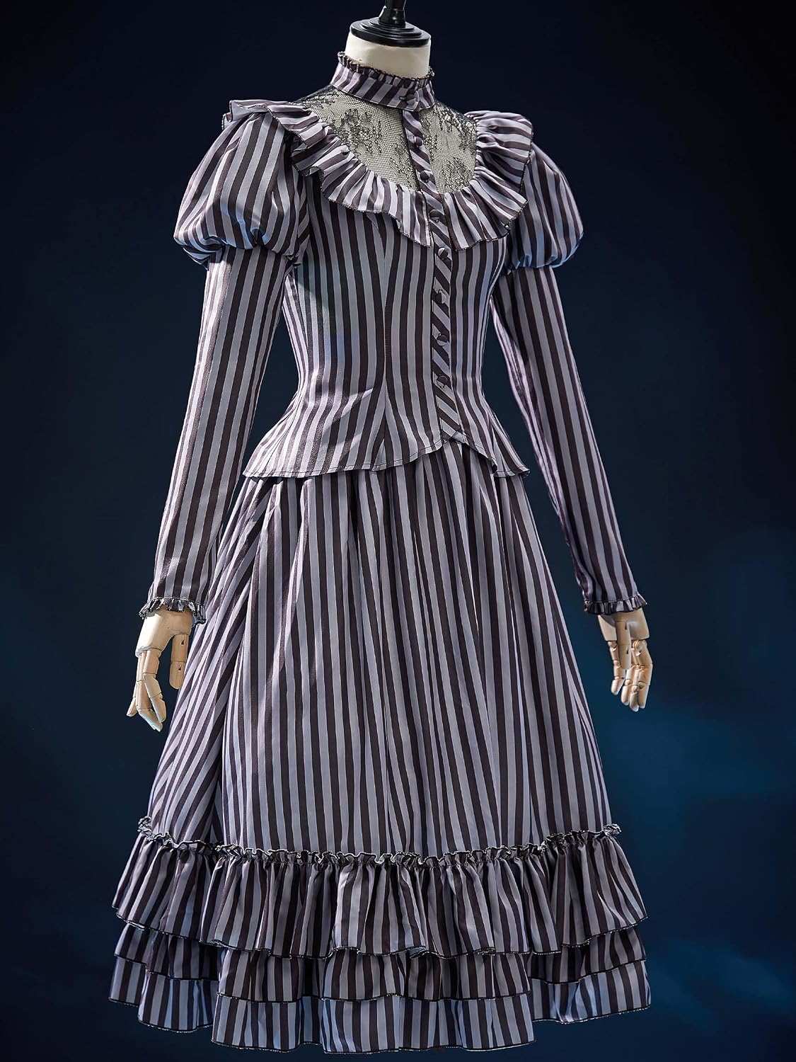 MEOWCOS Women's Gothic Dress Halloween Goth Striped Suit Retro Medieval Costume Top and Multi-layer Skirt
