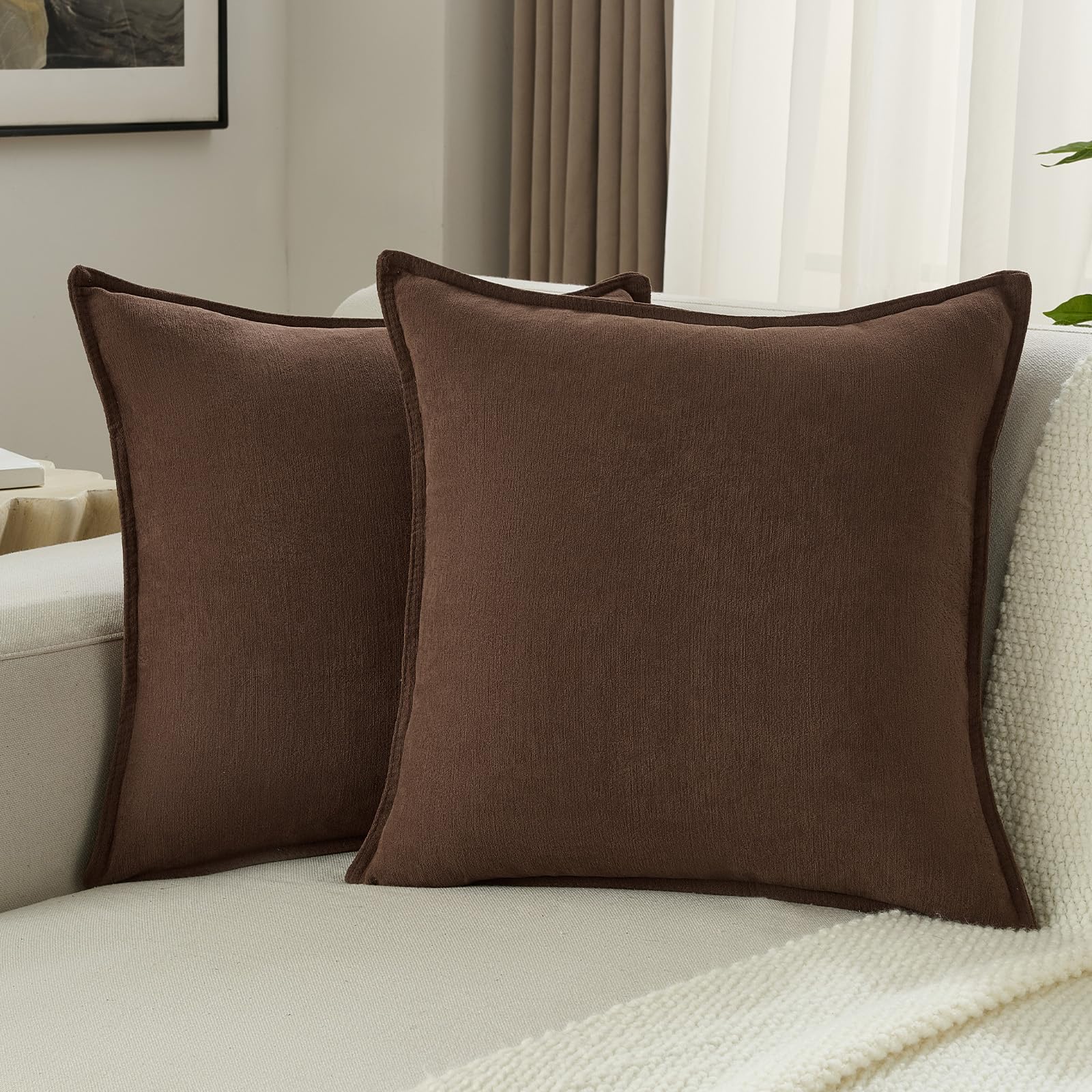 FUTEI Brown Chenille Throw Pillow Covers 18x18 Inch Set of 2 Edges Double-Stitched Cushion Cases Modern Home Decor