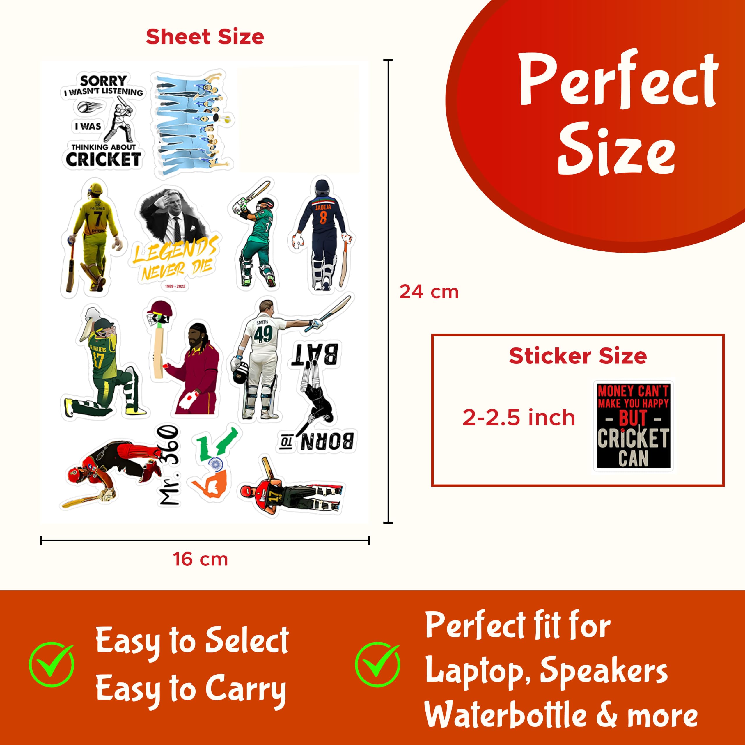 CodersParadise Vinyl Pack of 60 Cricket Stickers for Scrapbook, Laptop, Journal, Diary, Guitar, Mobile Phone - Waterproof Residue Free Sticker, self-adhesive, 3 inch 1