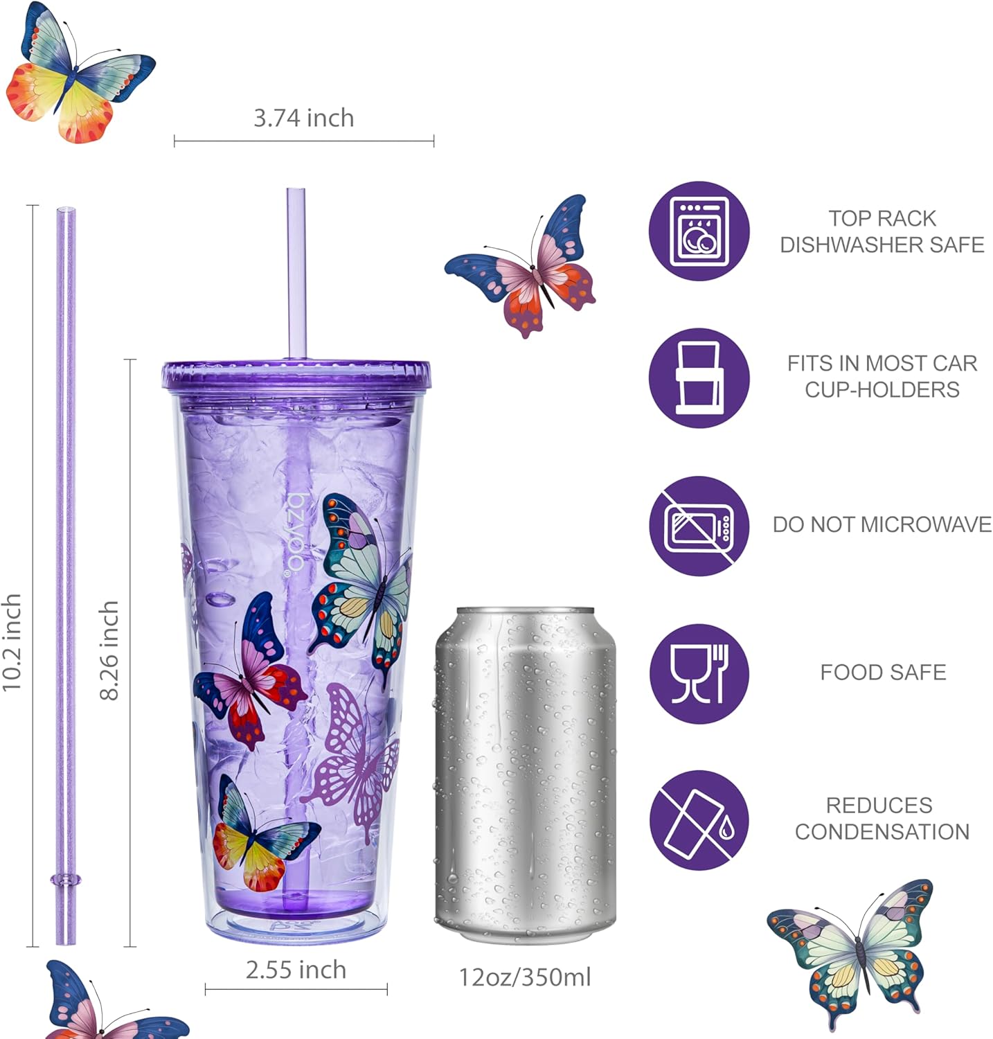 bzyoo SIP 24oz (710ml) Double Wall Plastic Tumbler with Lid and Straw Cold Drink Travel Mug Reusable Party Cup Perfect for Ice Coffee, Tea Office Poolside Parties Gifts Color: Butterfly Purple - Image 7