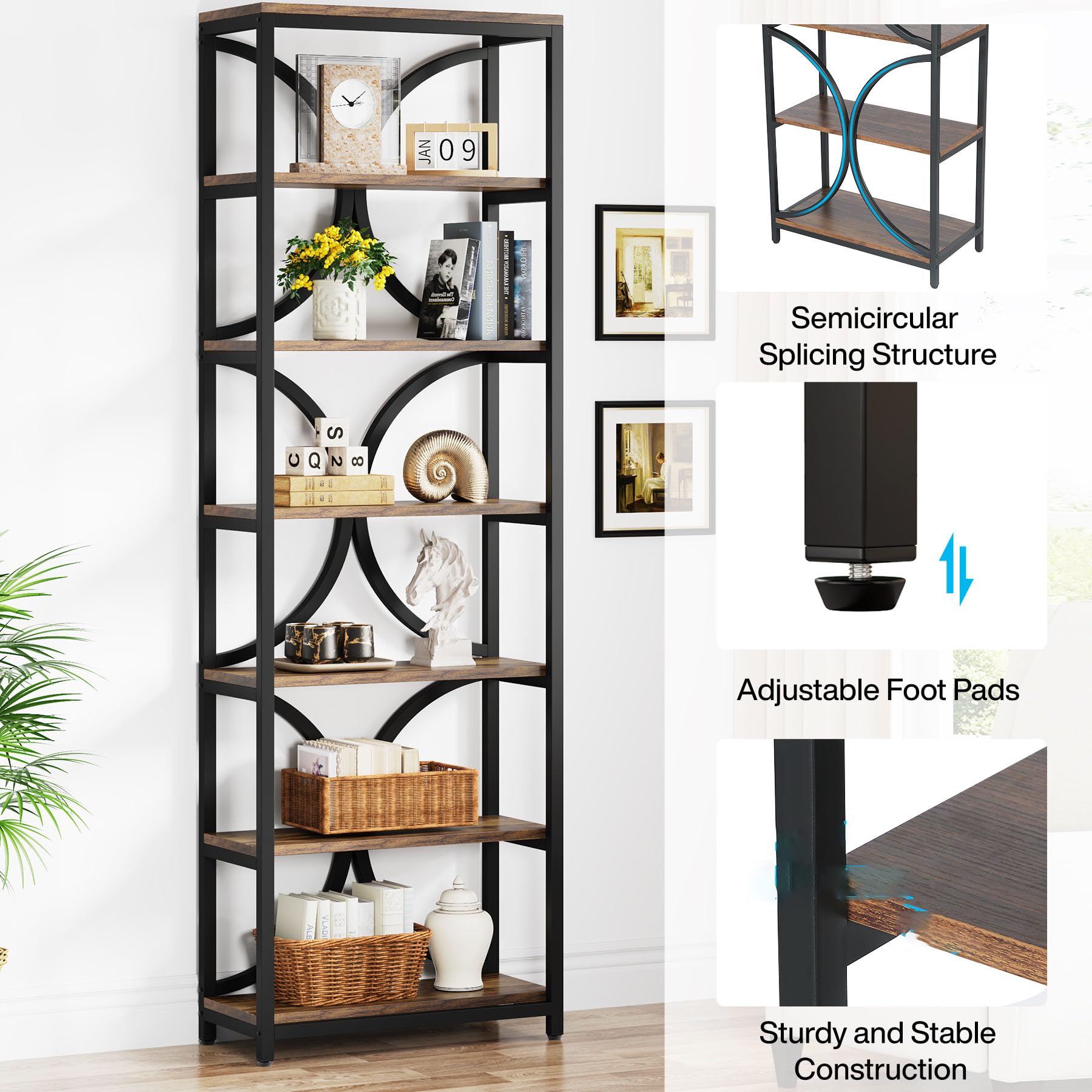 Tribesigns Bücherregal mit 6 Ebenen, 200 cm industrielles Küchenschrank mit Lagerregalen, Aufbewahrungs-Organizer für Wohnzimmer, Schlafzimmer und Home Office, Braun
