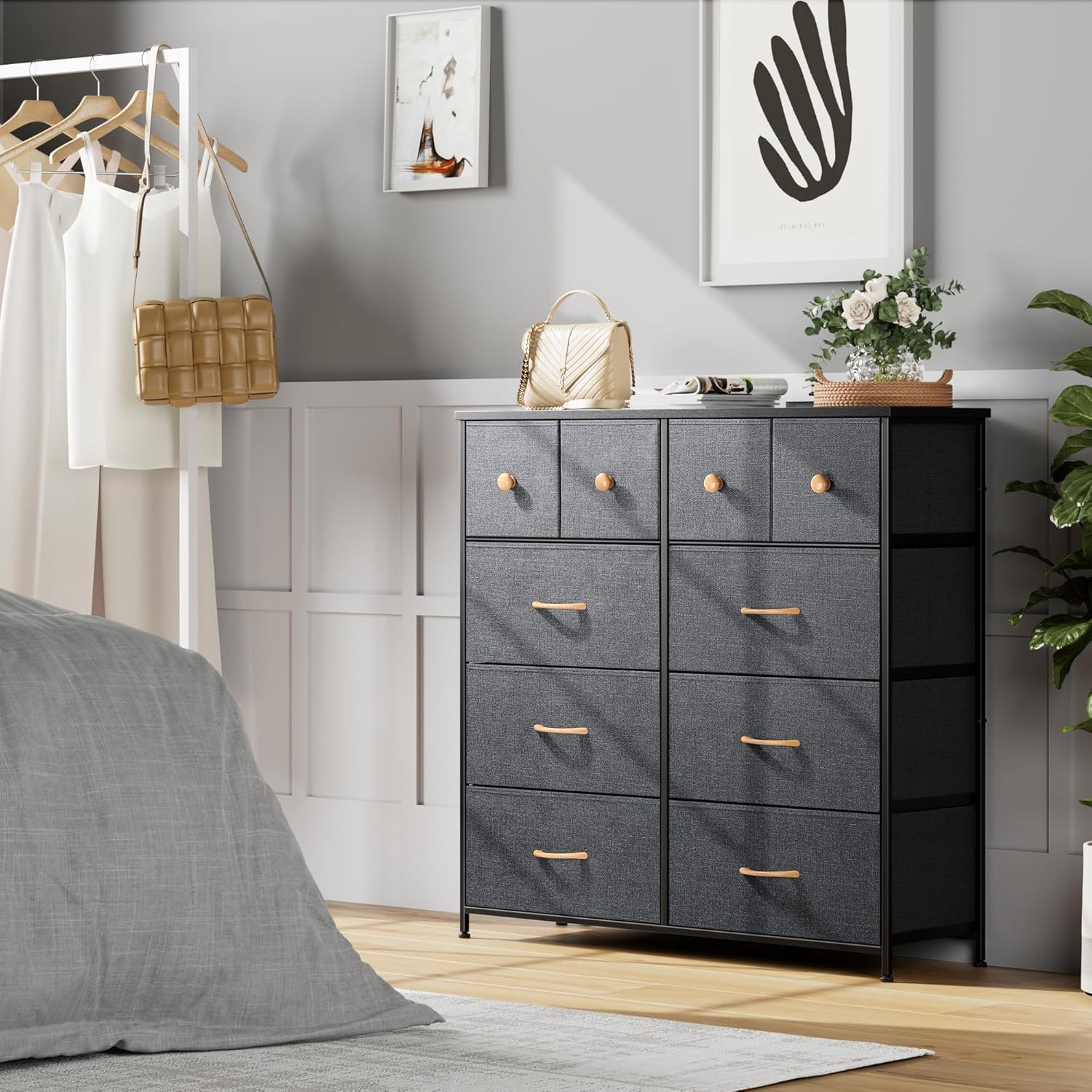Nicehill Chest of Drawers with 10 Drawers, Dressers & Chests of Drawers Kids Dresser for Bedroom, Kids Room, Closet, Clothes, Fabric Dresser with Storage Drawers, Black Grey - Image 2
