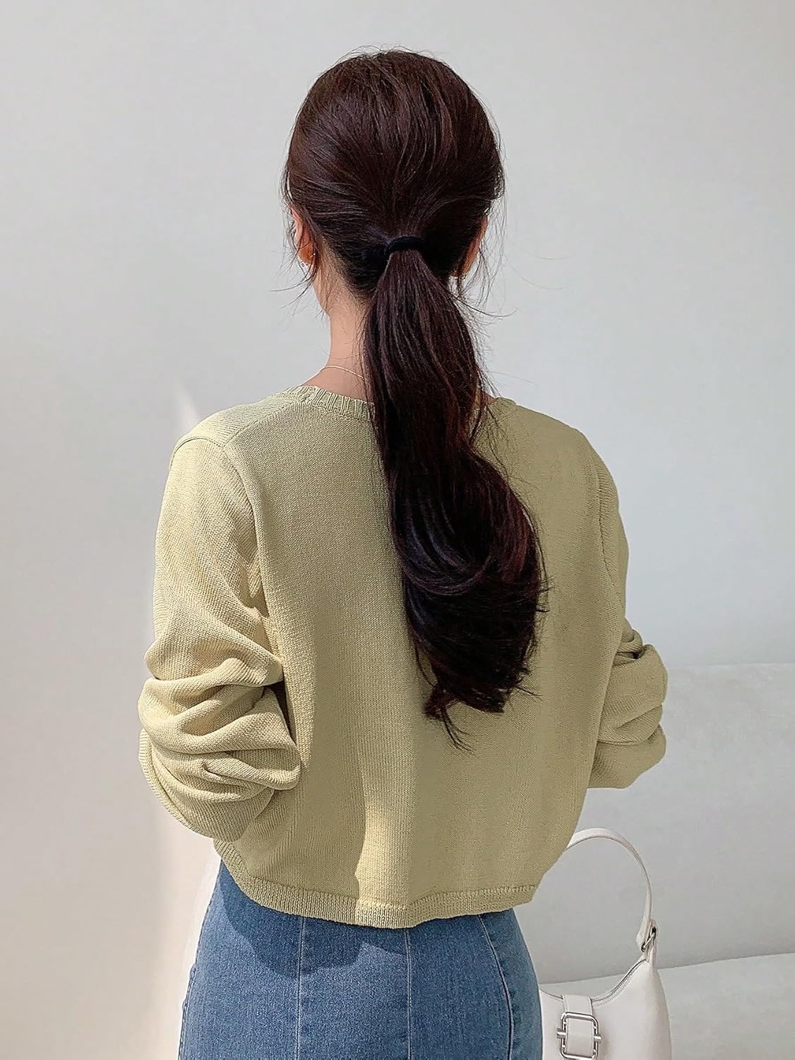 Solid Open Front Crop Cardigan (Color : Green, Size : Small)