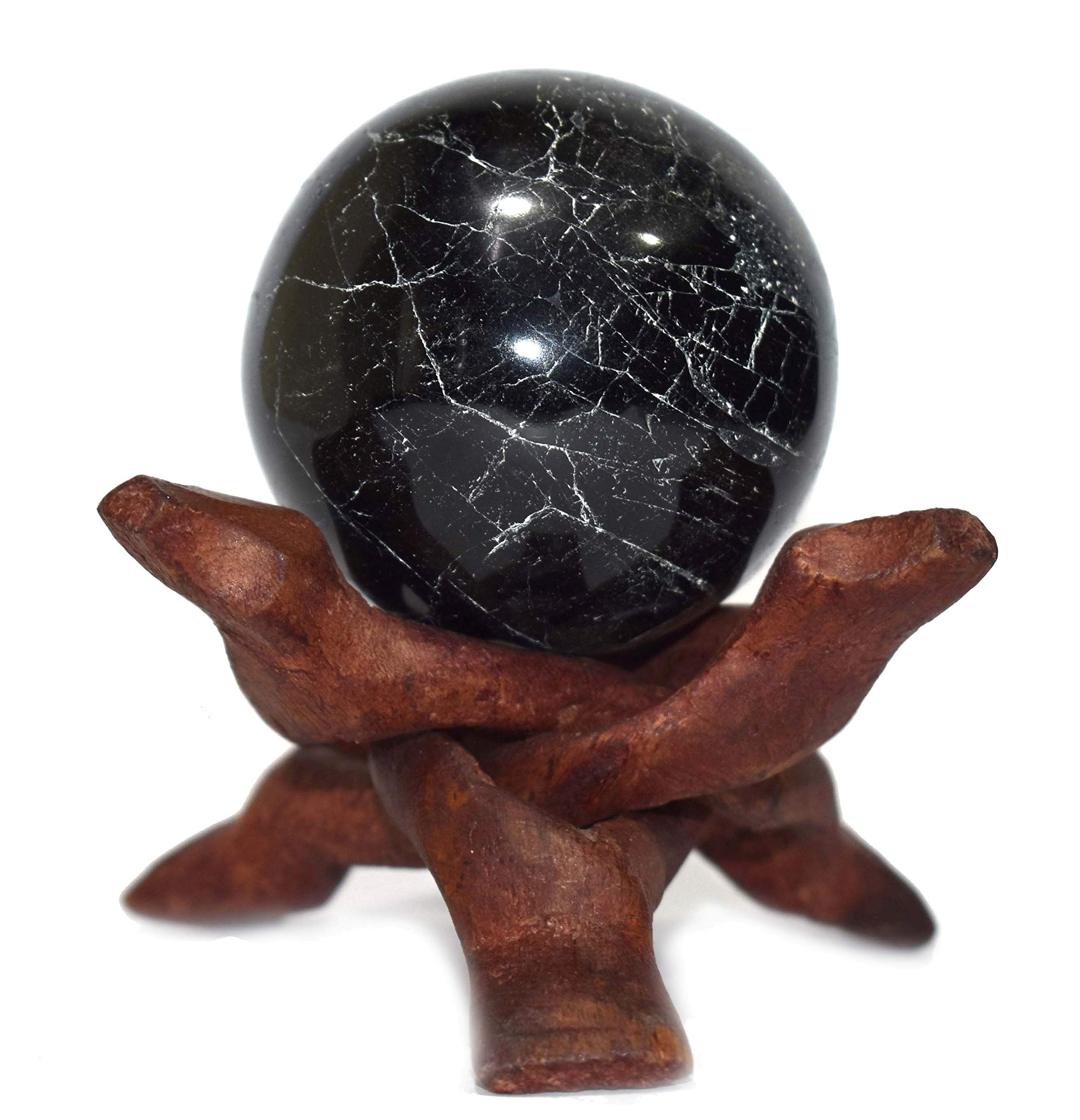 Healings4uSphere Black Tourmaline Size 1.5-2 Inch & One Wooden Ball stand Natural Crystal Ball Sphere Vastu Reiki Chakra Healing