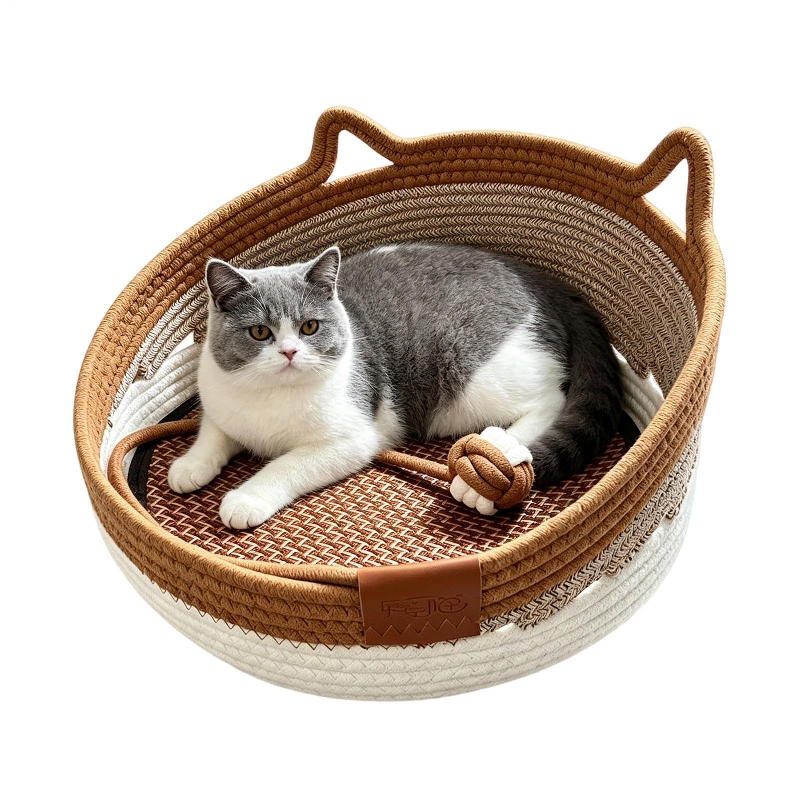 Katzenbett Mit Kratzfläche | Geflochtener Katzenkorb Mit Spielzeugball