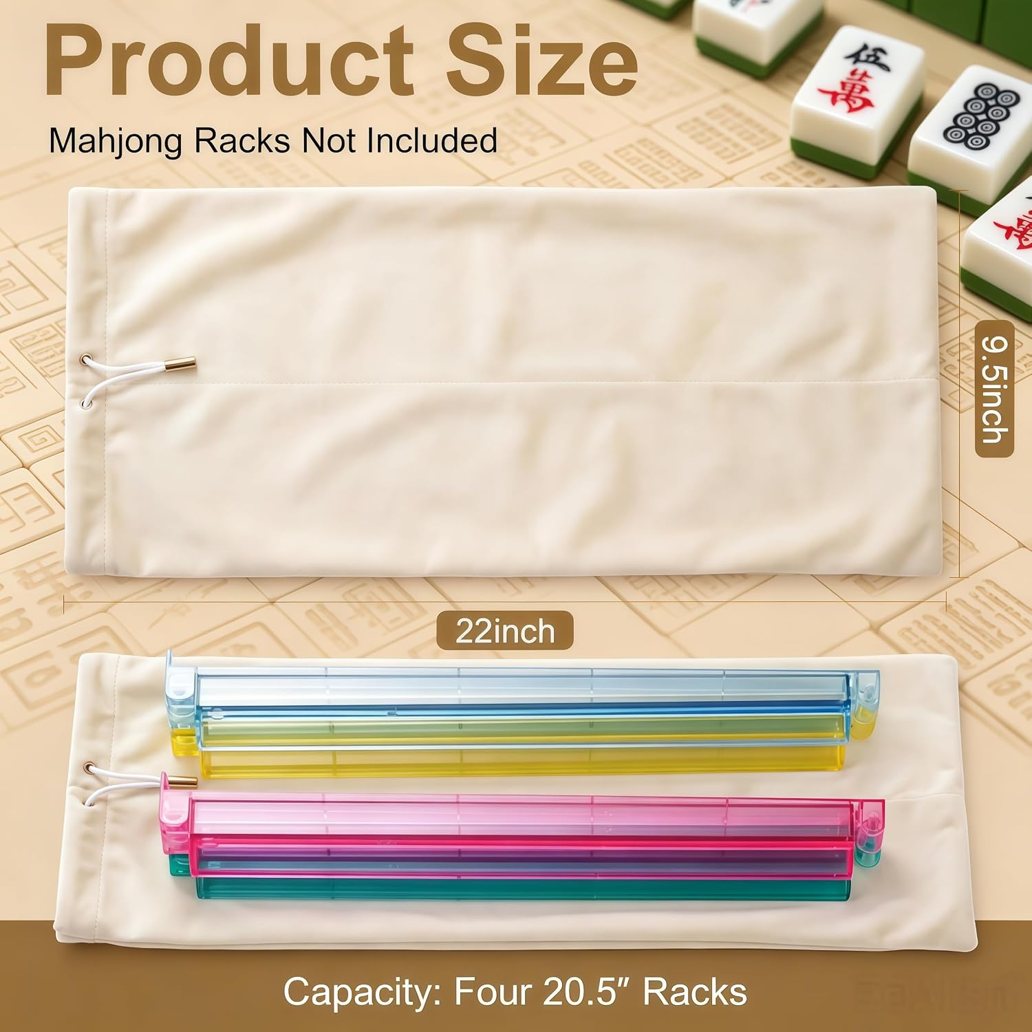 Mahjong Rack Bag, Velvet Drawstring Mahjong Rack Storage Bags with 2 Compartments Fits 4 Racks and Pushers, Mahjong Accessories Mah Jongg Gifts for Mah Jongg Players, Beige image 2