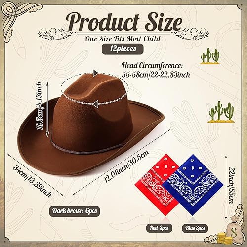 Miniatura 3 de Unittype Juego de 12 sombreros de vaquero para niños, sombrero de vaquera occidental y bandanas de poliéster para niños y niñas, disfraces de