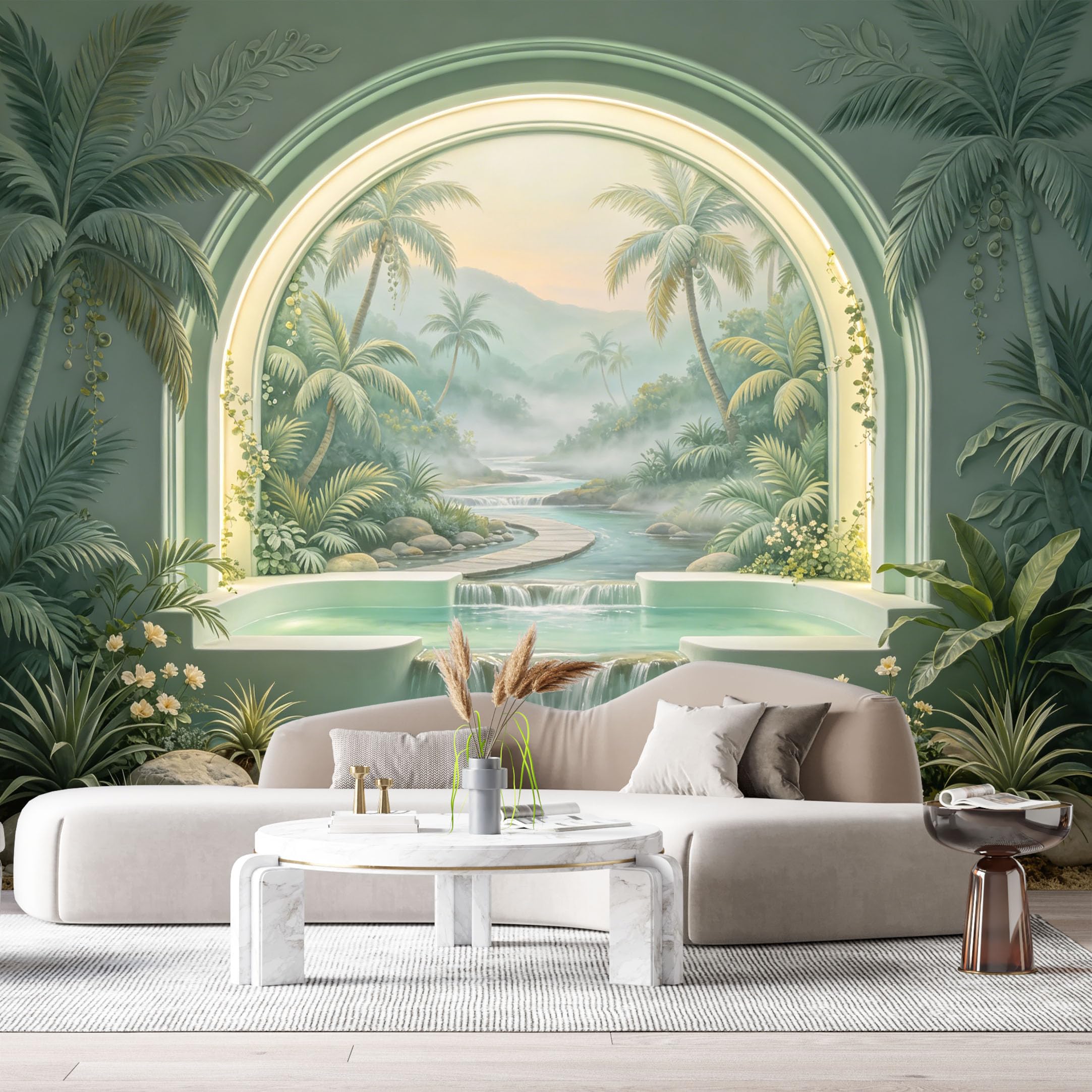 Custom Size Wall Murals Tropical River Waterfall Palm Tree 3D Trompe L'Oeil SelfAdhesiveWall Fabric Removable Wallpaper Wall Decor for Living Room Bedroom Bathroom