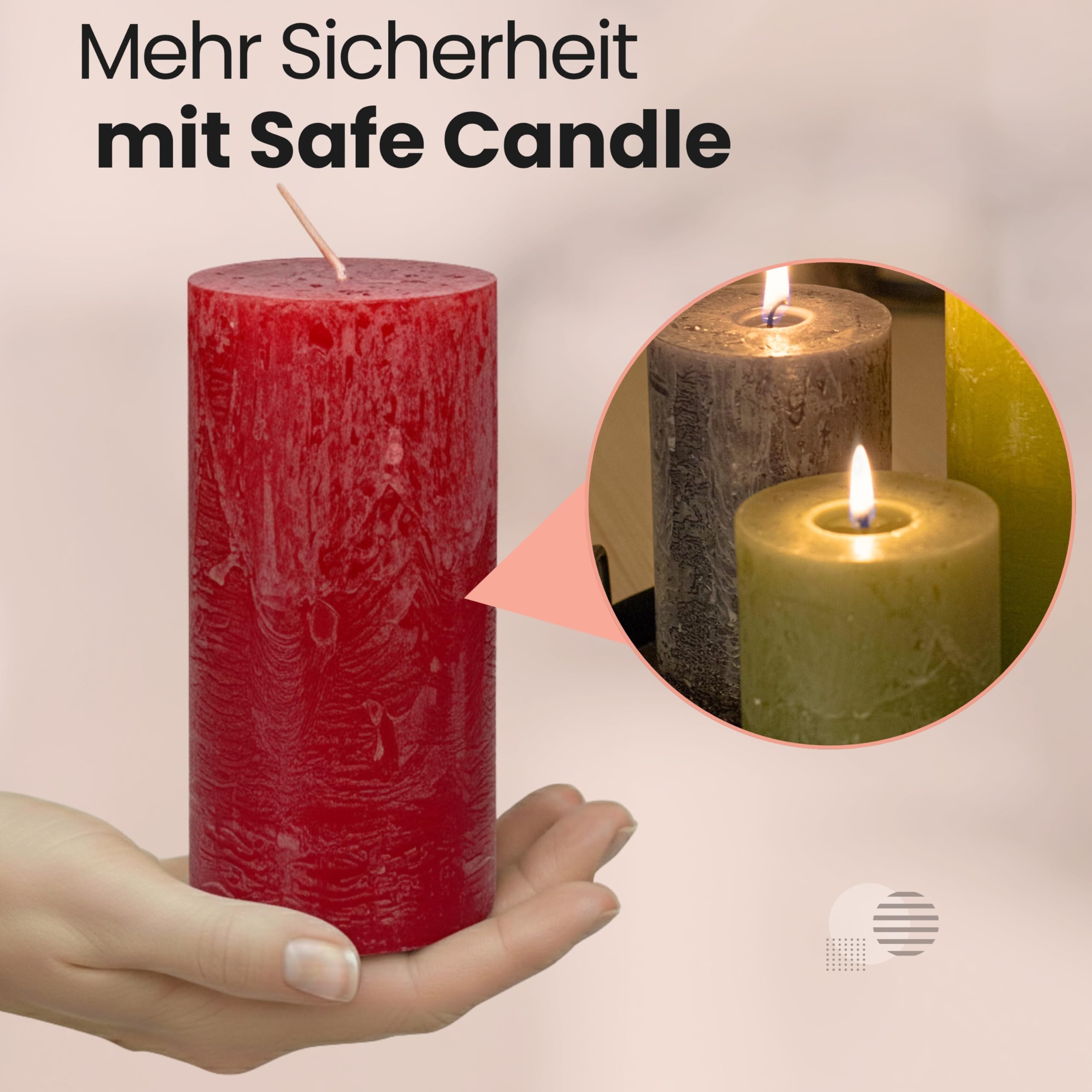Candele a pilastro, rustiche, set da 4 pezzi, 140 x 70 mm, autoestinguenti, con certificazione RAL, durata circa 69 ore, prodotte in Germania, candele decorative rustiche (rosso)