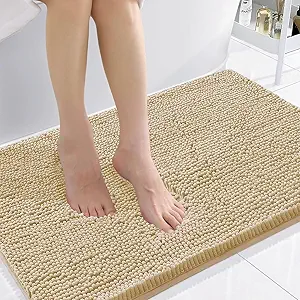 Smiry Luxury Chenille Bathroom Rugs 36x24, Extra Soft and Absorbent Shaggy Bath Mat, Machine Washable, Non-Slip Plush Carpet Runner for Tub, Shower, and Floor, Home Decor Accessories, Beige
