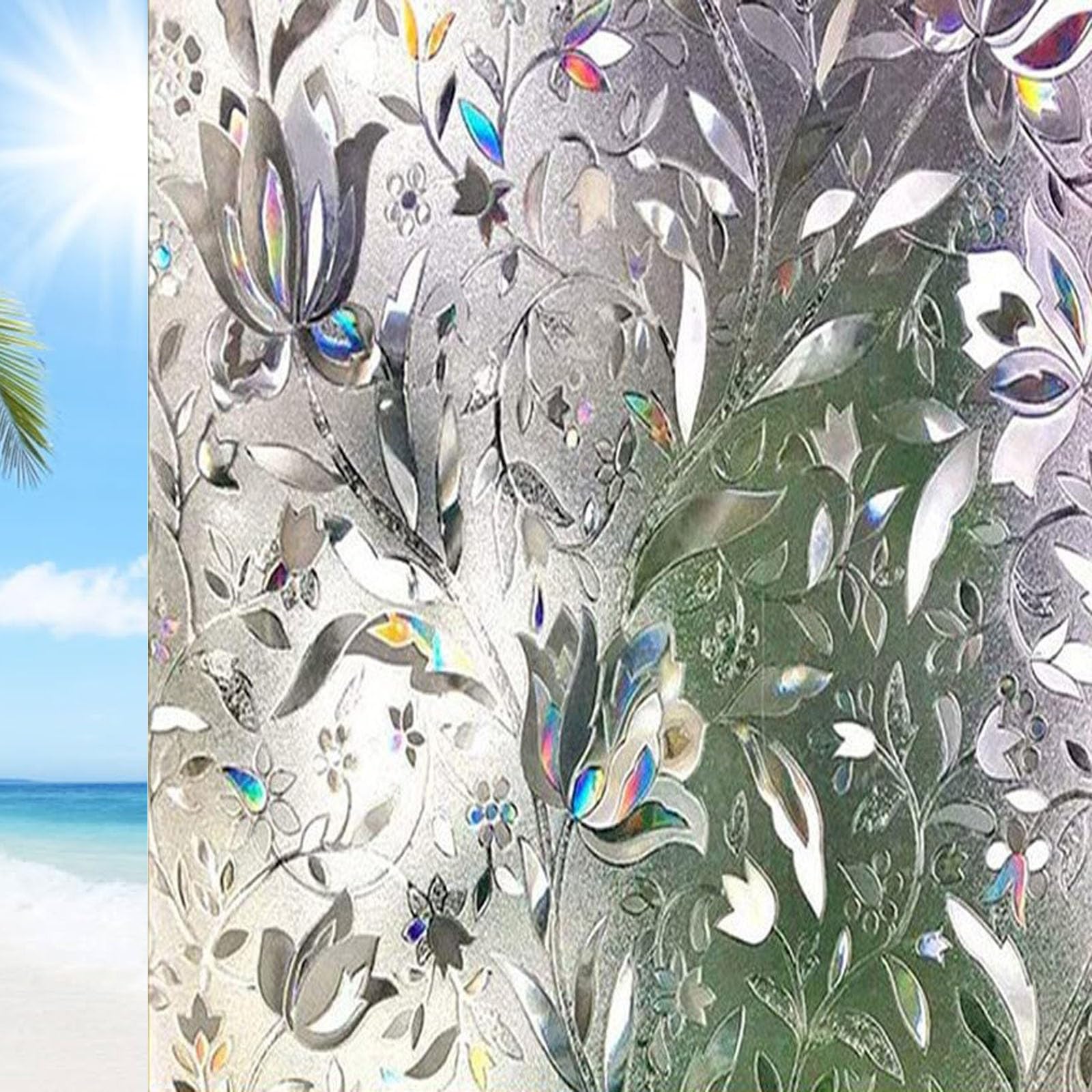 Window Privacy Film 60 x 400 cm(24 x 157inch) Sun Blocker Heat Reducing Easy Removal Frosted Window Film Privacy Non-Adhesive Glass Film for Home, tulip