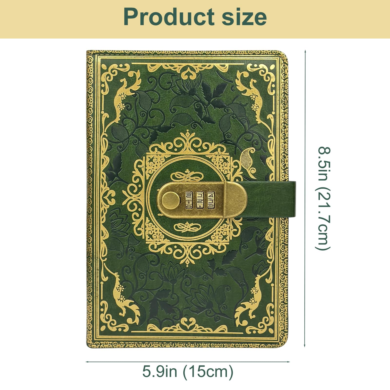 Dziennik z hasłami, format A5, 15 cm x 21,8 cm, skórzany notatnik z zamkniętym hasłem, książka adresowa z długopisem, wkładem i samoprzylepnymi zakładkami indeksującymi, ciemnozielony