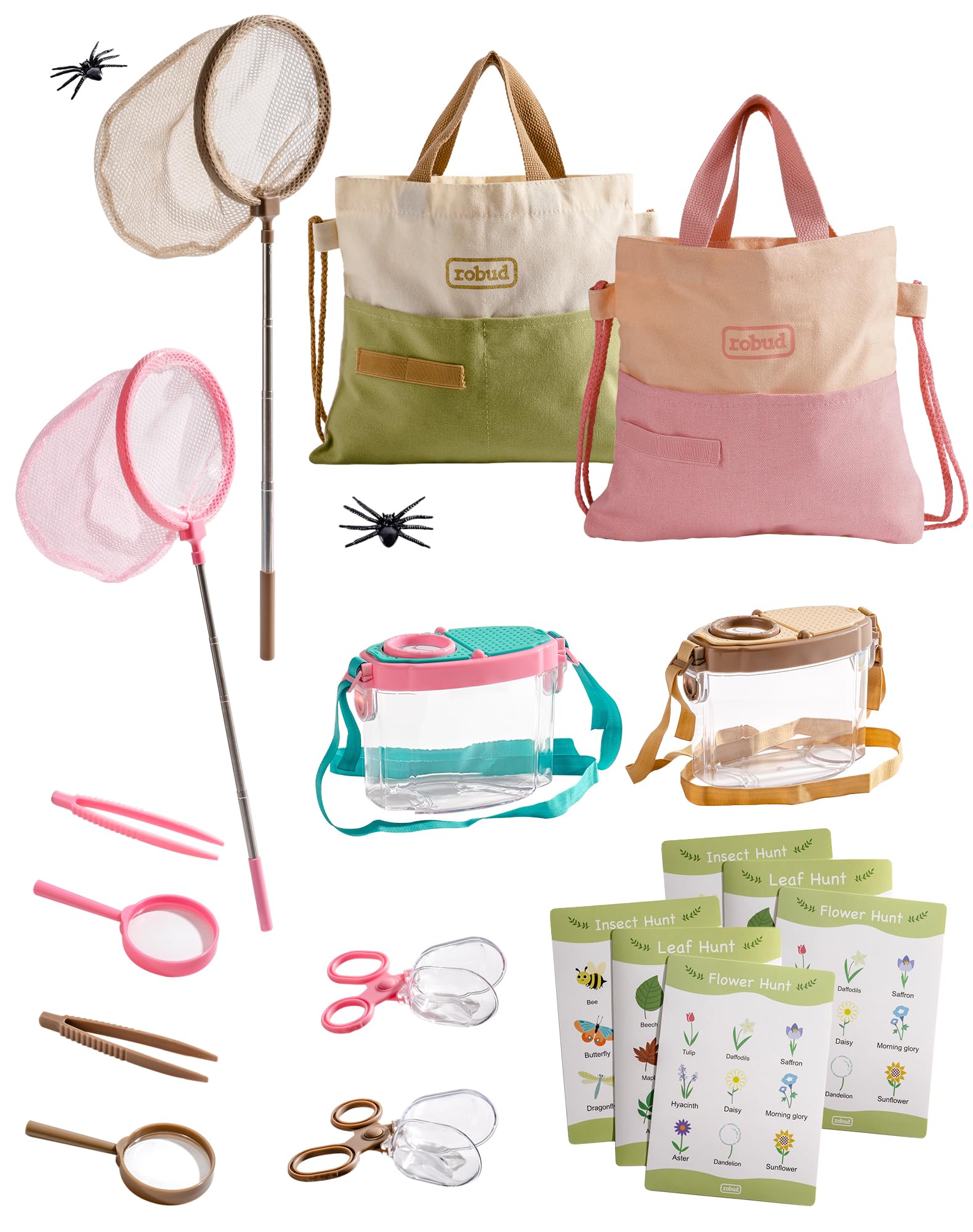 ROBUD Dual Kids Outdoor Explorer Kit, 20 PCS Bug Catching Adventure Set with Butterfly Nets, Magnifying Glasses, Bug Containers & Carry Bags, Bug Hunting Kit for Boys & Girls Ages 3–12, Pink & Green