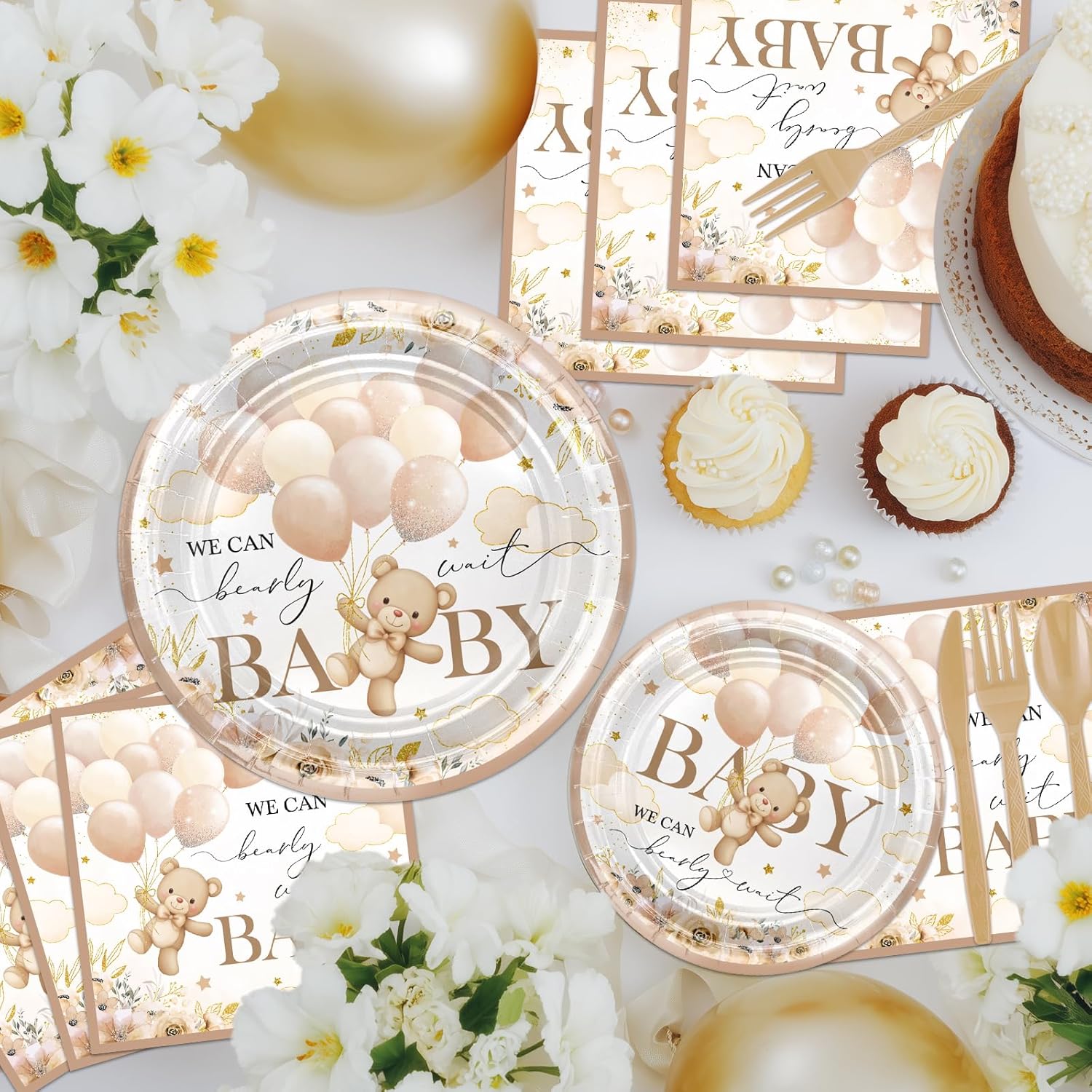 Avezano Brown Bear Baby Shower Party Tableware and Bear Tablecloth Bundle