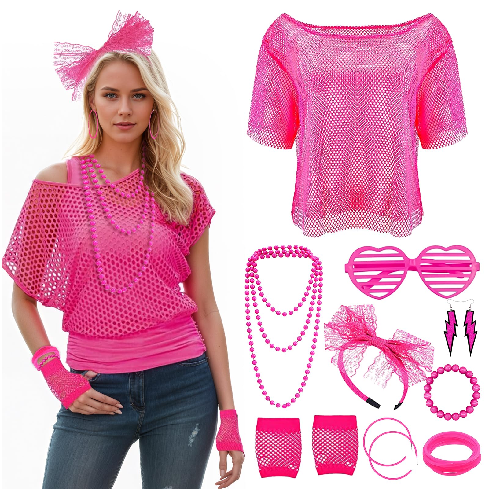 Guegine 18 PCS 80s Fancy Dress for Women, 80s Accessories for Women, Contains Glasses, Tops, Necklaces, Headbands, Gloves, Bracelets, Earrings, Bracelets, for Retro Theme Parties
