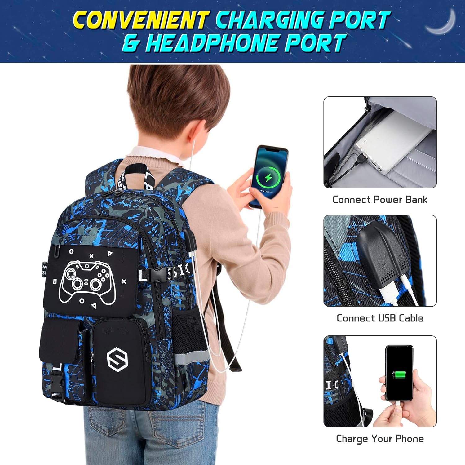 Boys Backpack, Cool Luminous School Backpacks for Boys with Lunch Bag Pencil Case, Kids Backpack Kindergarten Elementary Middle School Book Bags for Teen Boy Children with USB Charging Port - Image 7