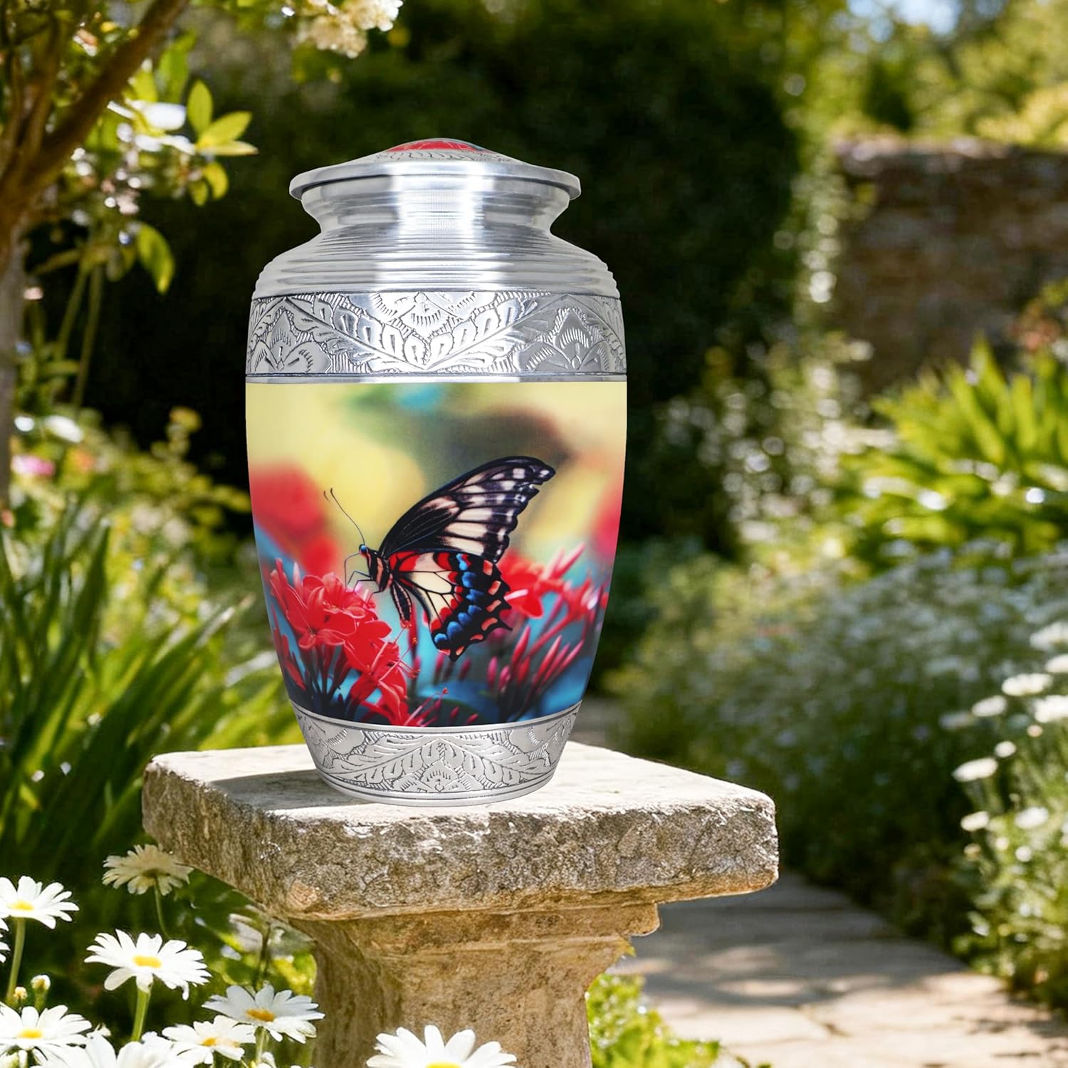 M MEILINXU Funeral Urn for Ashes for Women & Man, Cremation Urns for Human Ashes Adult Female & Male, Butterflies Decorative, Burial Cremation Container, Red Flower and Butterfly Urn - Large Full Size - Image 6