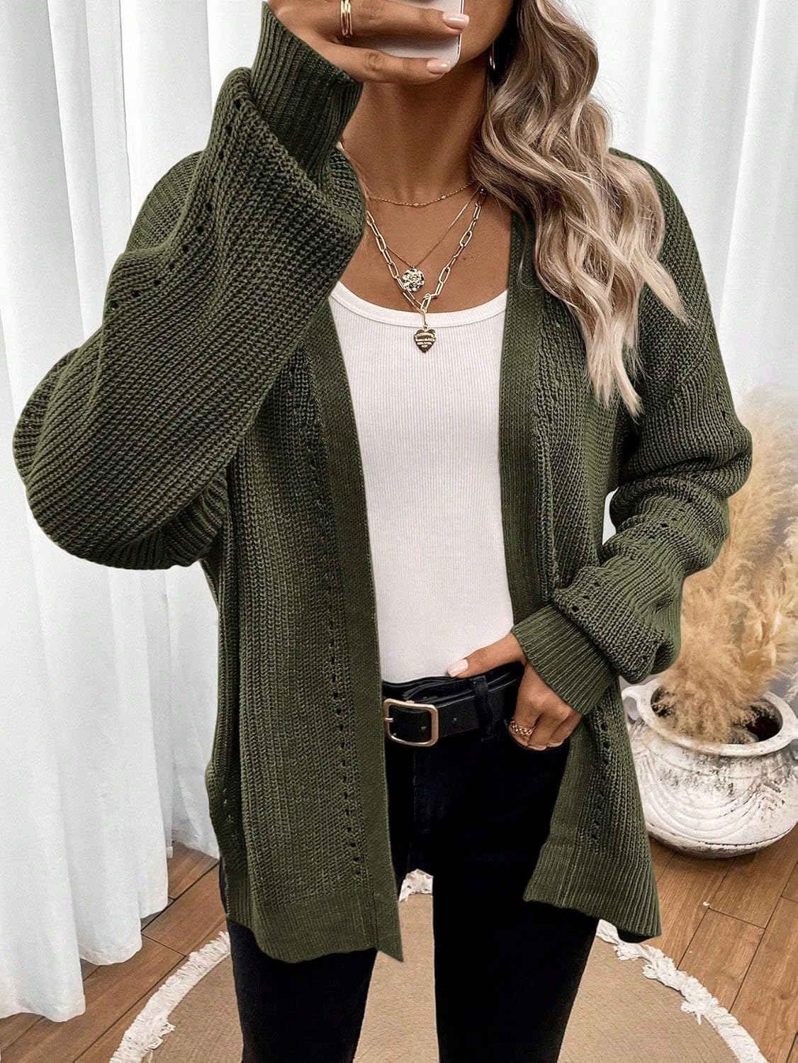 SISKIN Long Cardigan Sweater for Women 2025, Vintage Casual Open Front Side Slit Balloon Fall Cardigan - Image 3