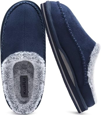 KuaiLu Mens Clog Slippers with Arch Support Suede Faux Fur Memory Foam Warm House Shoes Comfortable Slip-on Mans Bedroom Indoor Outdoor Slippers Rubber Sole
