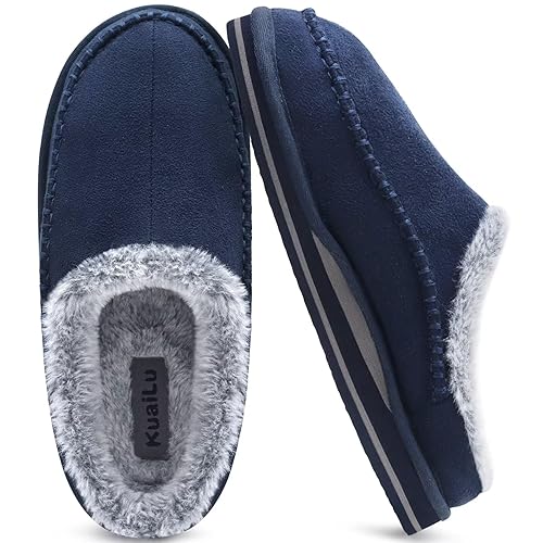 KuaiLu Mens Clog Slippers with Arch Support Suede Faux Fur Memory Foam Warm House Shoes Comfortable Slip-on Mans Bedroom Indoor Outdoor Slippers Rubber Sole - 10 - Blue