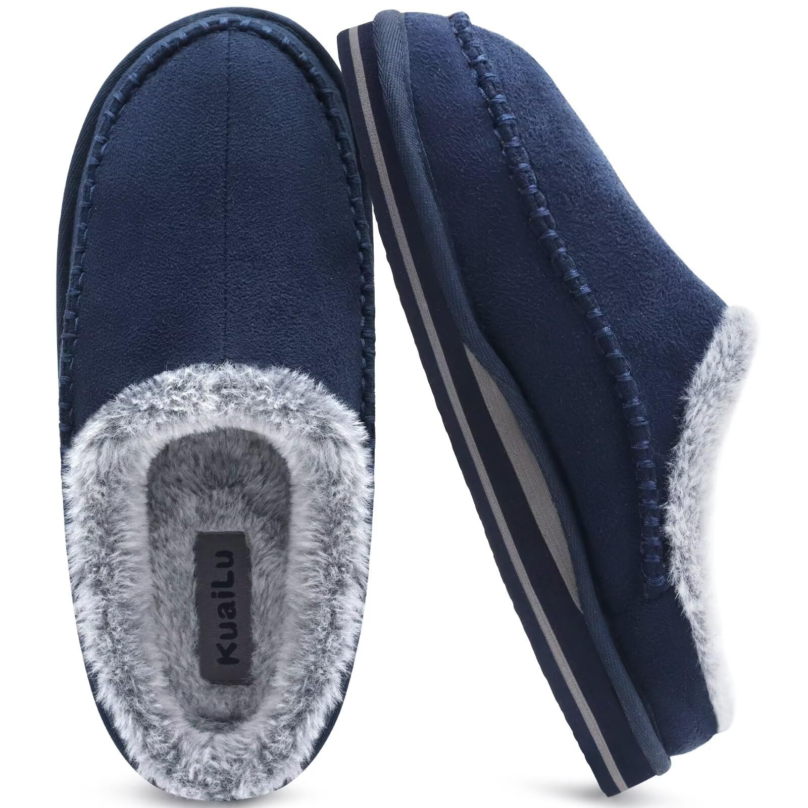 KuaiLu Mens Clog Slippers with Arch Support Suede Faux Fur Memory Foam Warm House Shoes Comfortable Slip-on Mans