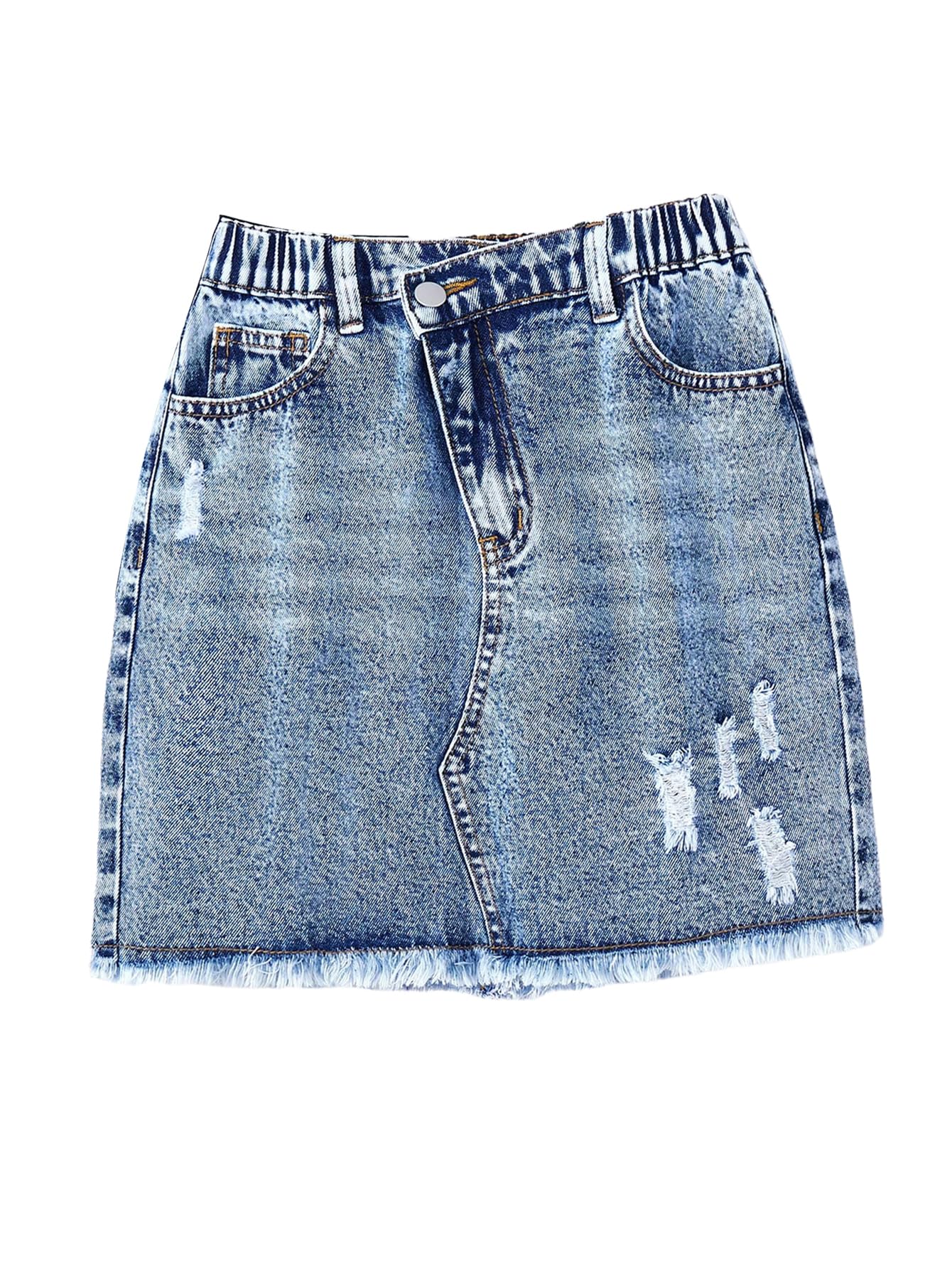 Floerns Falda vaquera rasgada para niña, cintura elástica, dobladillo deshilachado, estilo casual