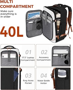 Vancropak 40L Carry on Backpack for Travel, Flight Approved Expandable Bag | 3 Packing Cubes, 17.3 Laptop Compartment, Water-Resistant, Anti-Theft, Lightweight Weekender Travel Bag, Business Backpack