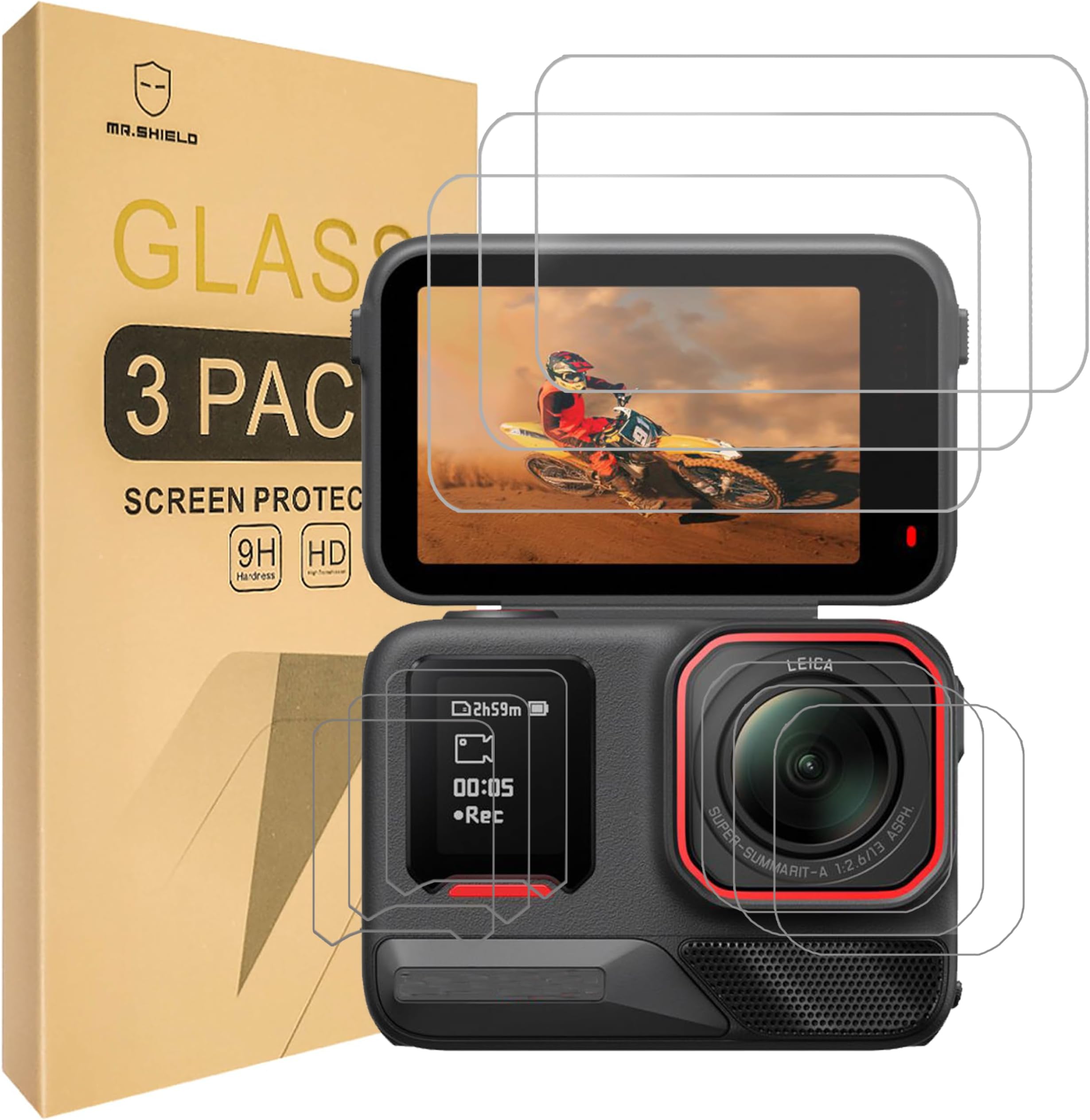 Mr.Shield Screen Protector compatible with Insta360 Ace Pro 2 [3x Lens & Touch Screen Glass + 3x PET (Not Glass) Small Screen Protector] [Tempered Glass] [9H Hardness]