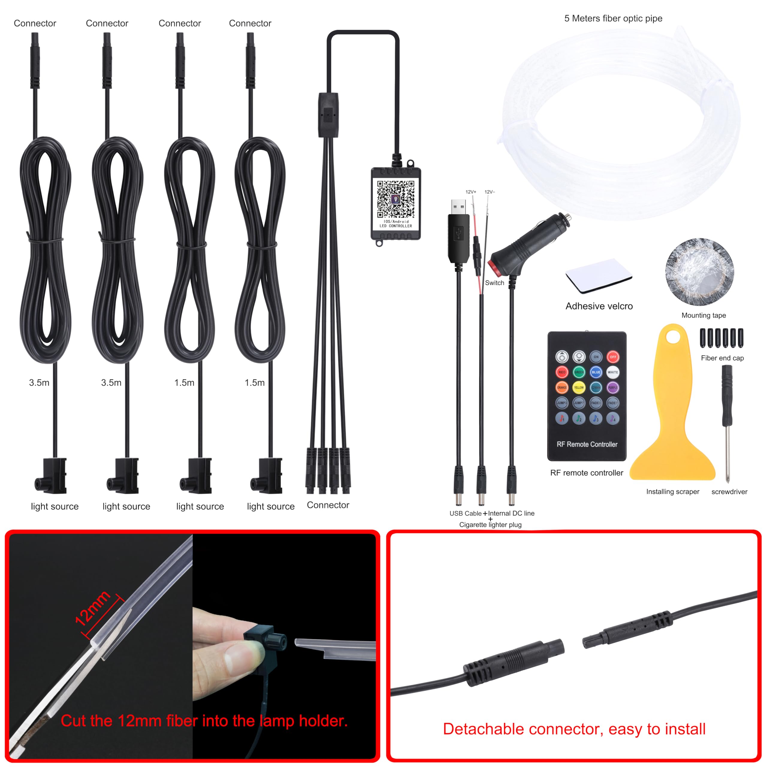 QAUBEN 5 m Optic Fiber Cable Car Ambient Lighting with Bluetooth App Control + RF Remote Control 64 Colors Multicoloured Music Interior Lighting Kit 12V 1W