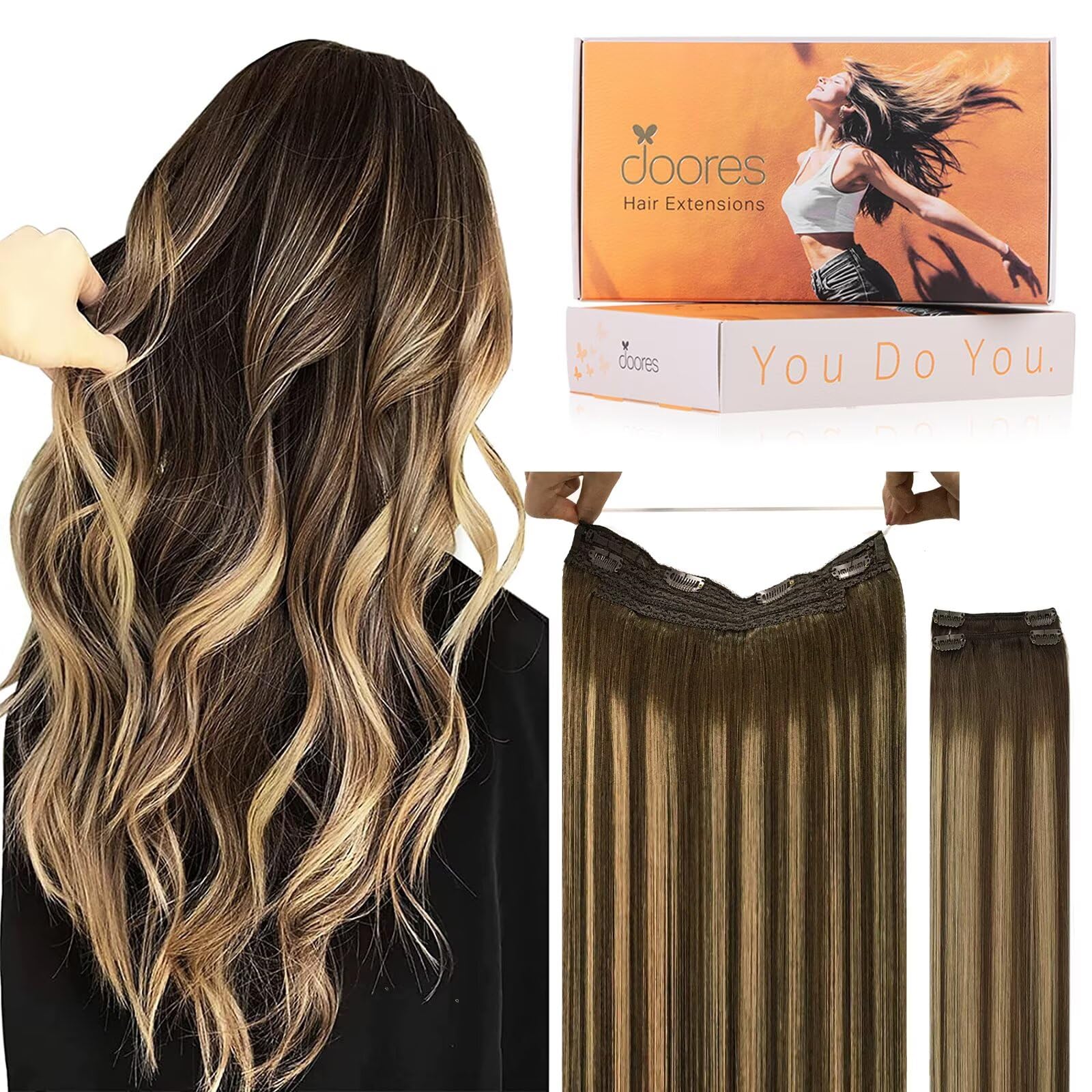 DOORES Wire Hair Extensions, Balayage Chocolate Brown to Caramel Blonde 12 Inch 70g Fish Line Weft Extensions and 2pcs 30g Clip ins, 100g Invisible