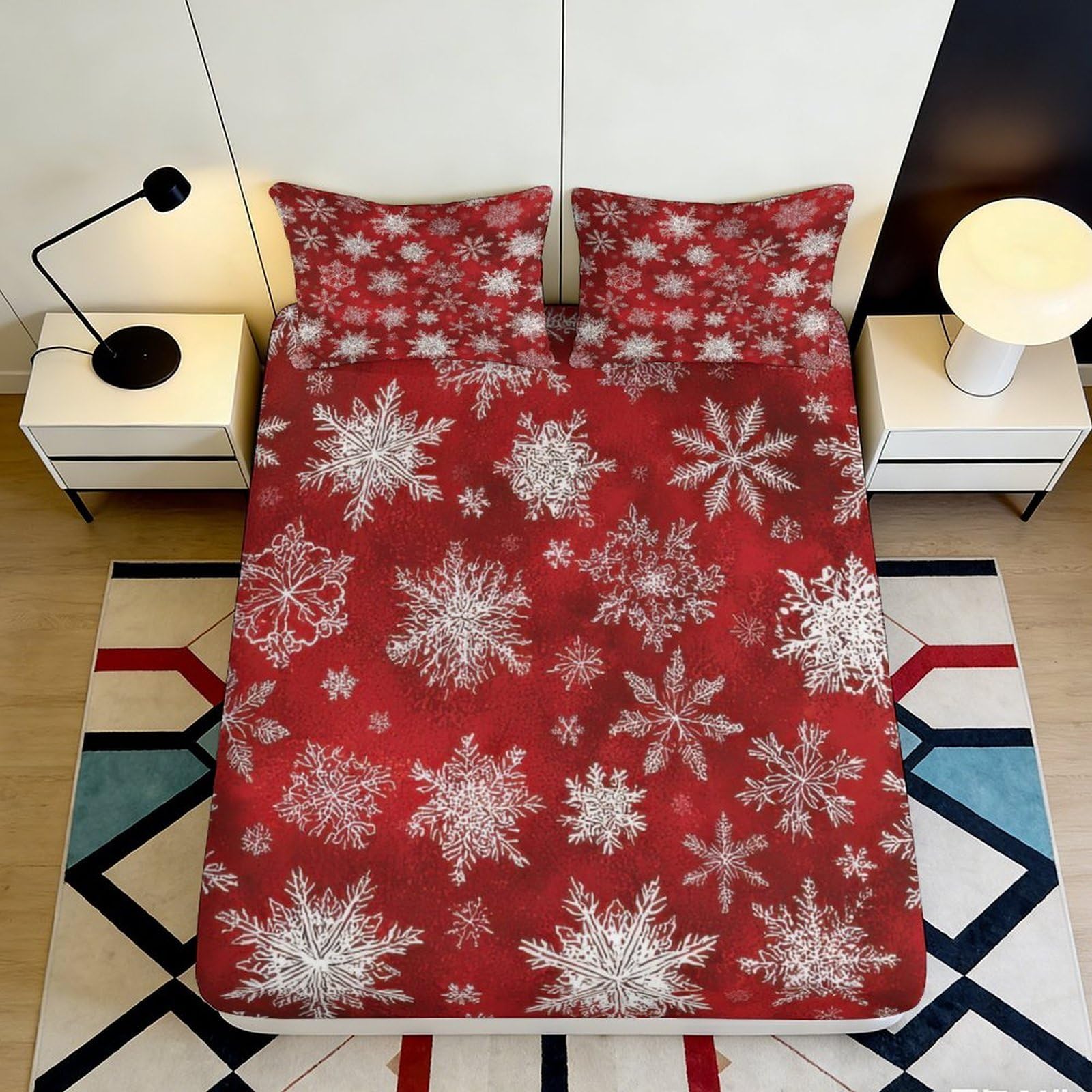3D Printed Snowflake Pattern Fitted Sheet Microfiber Deep Pocket Bedroom Bedding Snowflake Mattress Fitted Cover Elastic Hem 90x200x25cm