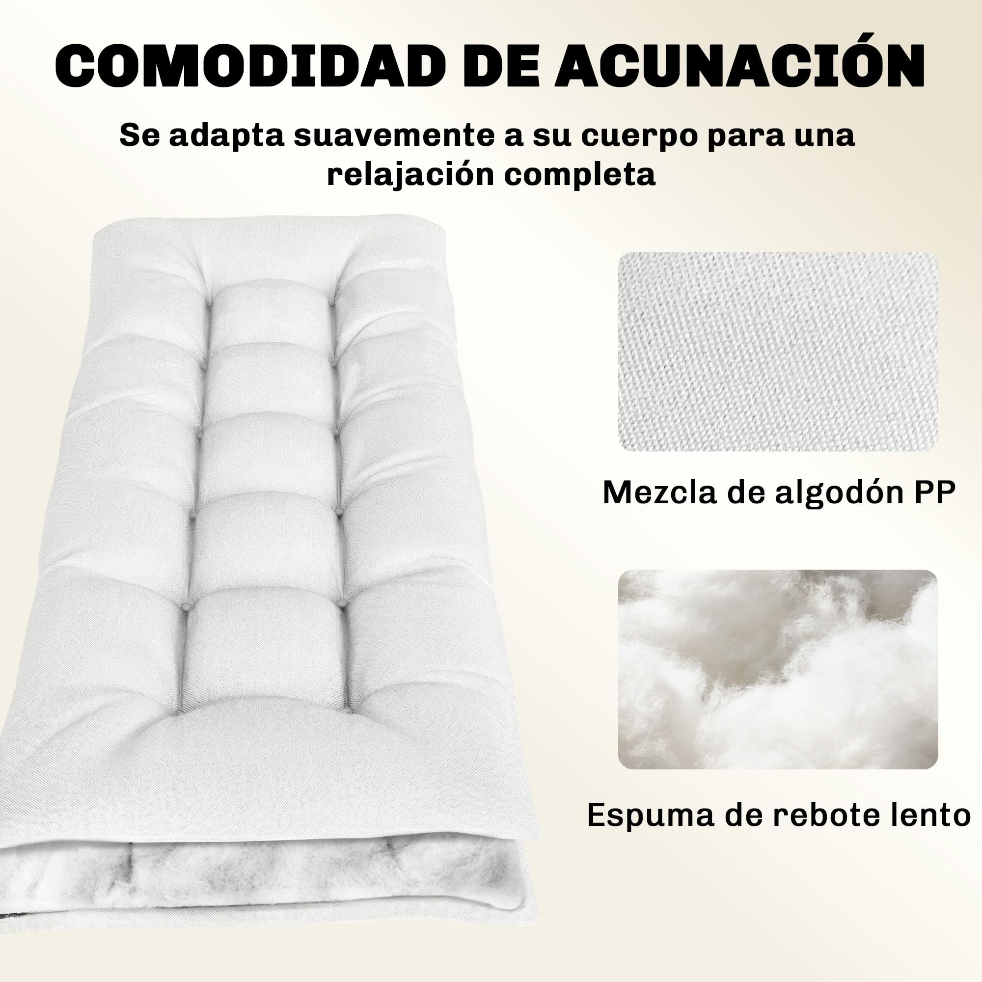 Outsunny Cojín para Banco Exterior y Tumbona UV50+ 198x65x13 cm Crema | Cojín para Banco y Tumbona de Jardín, con Correas de Sujeción, Rebote Lento, para Interior y Exterior