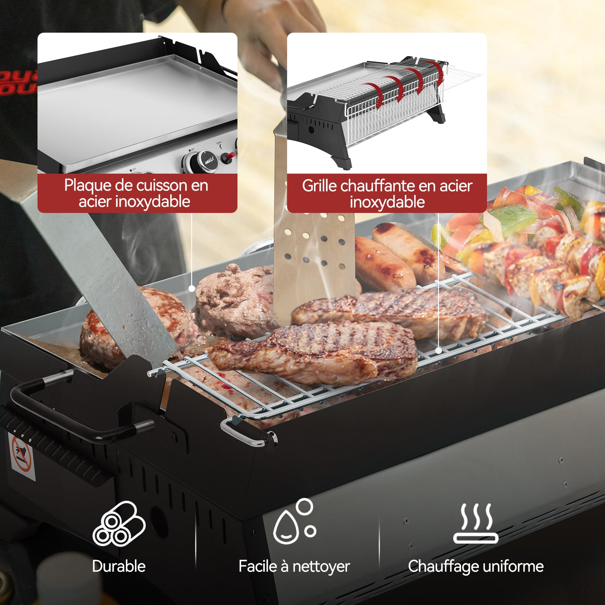 Royal Gourmet Plancha Gaz Propane en Acier Inoxydable, 3 Brûleurs Puissance 7.5kW, Surface Cuisson 61,5 x 32cm avec Grille de Réchauffage, Adapté pour Le Camping et l' Extérieur, Argent