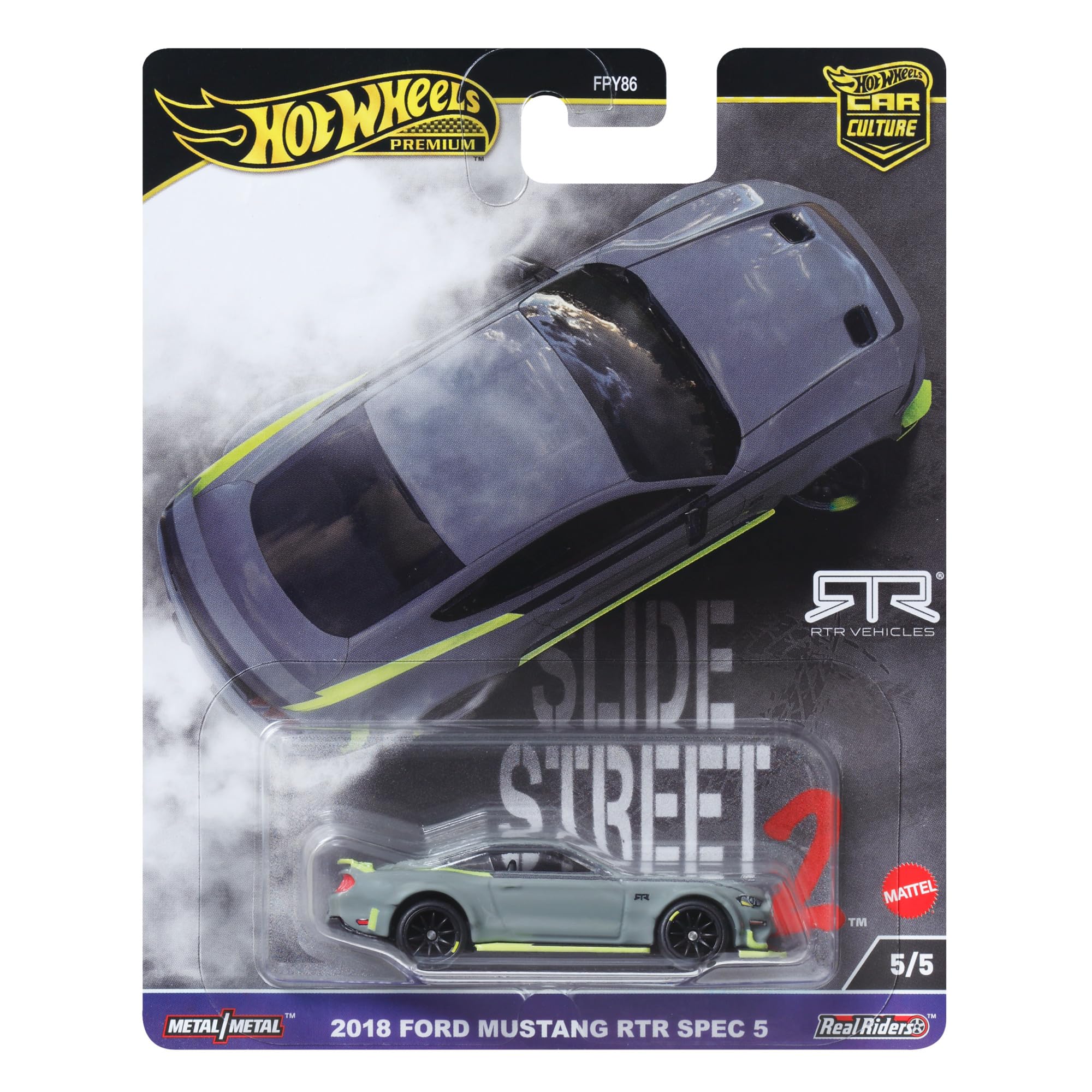 Hot WheelsPremium Car Culture Collectible Toy Car, 1:64 Scale Die-Cast Ford Mustang RTR, Slide Street Vehicle with Real Riders Tires