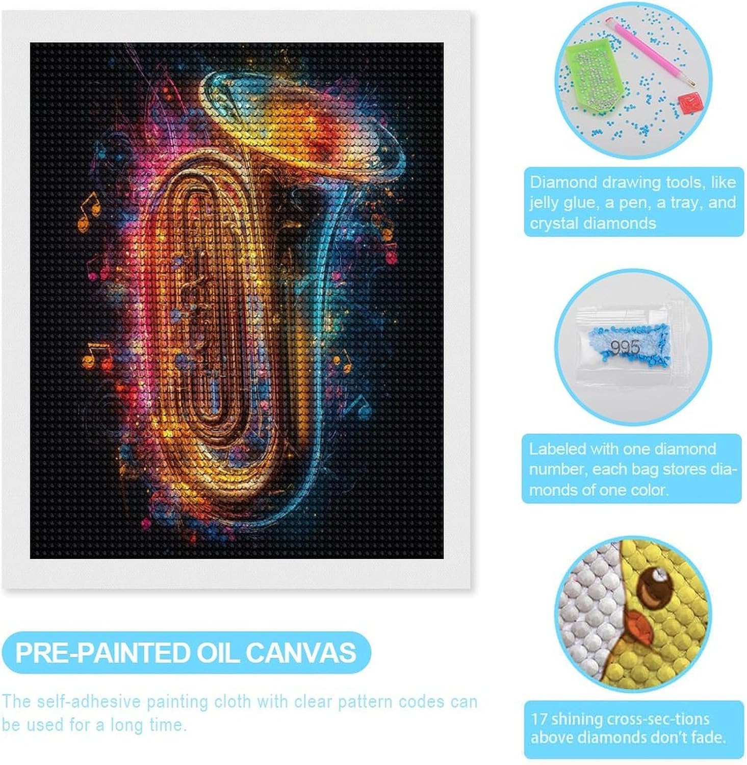 Aloewxxr Tuba Symphony Diamond Art Painting Art Kits 5D DIY Diamond Art Painting Kits Home Wall Decor