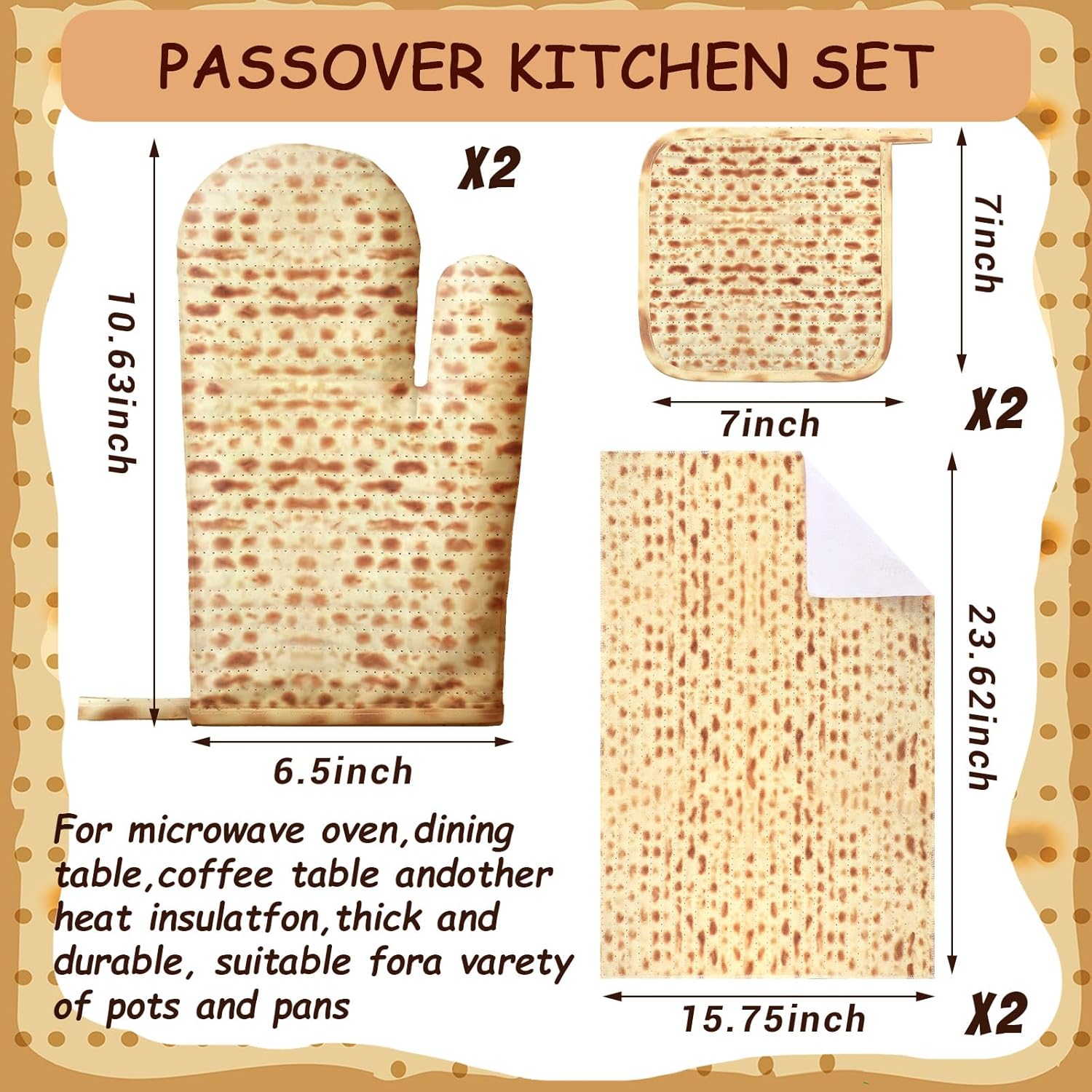 8 Pcs Passover Kitchen Accessories Set Include Passover Apron Oven Mitts Pot Holders Kitchen Towel Matzah Print Design for Pesach Seder and Cooking Gifts - Image 3