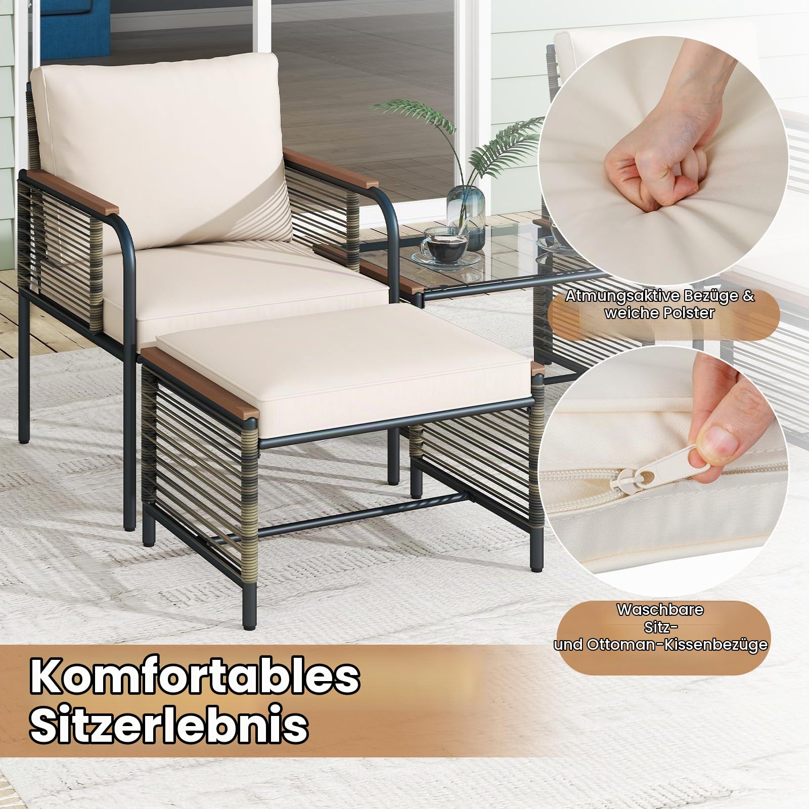 FANTASK Rattan Gartenmöbel Set für 2 Personen, Terrassenmöbel Set inkl. 2 Stühle mit Kissen, Hocker & Tisch, Gartengarnitur, Gartenlounge für Garten, Balkon, Terrasse (Beige)