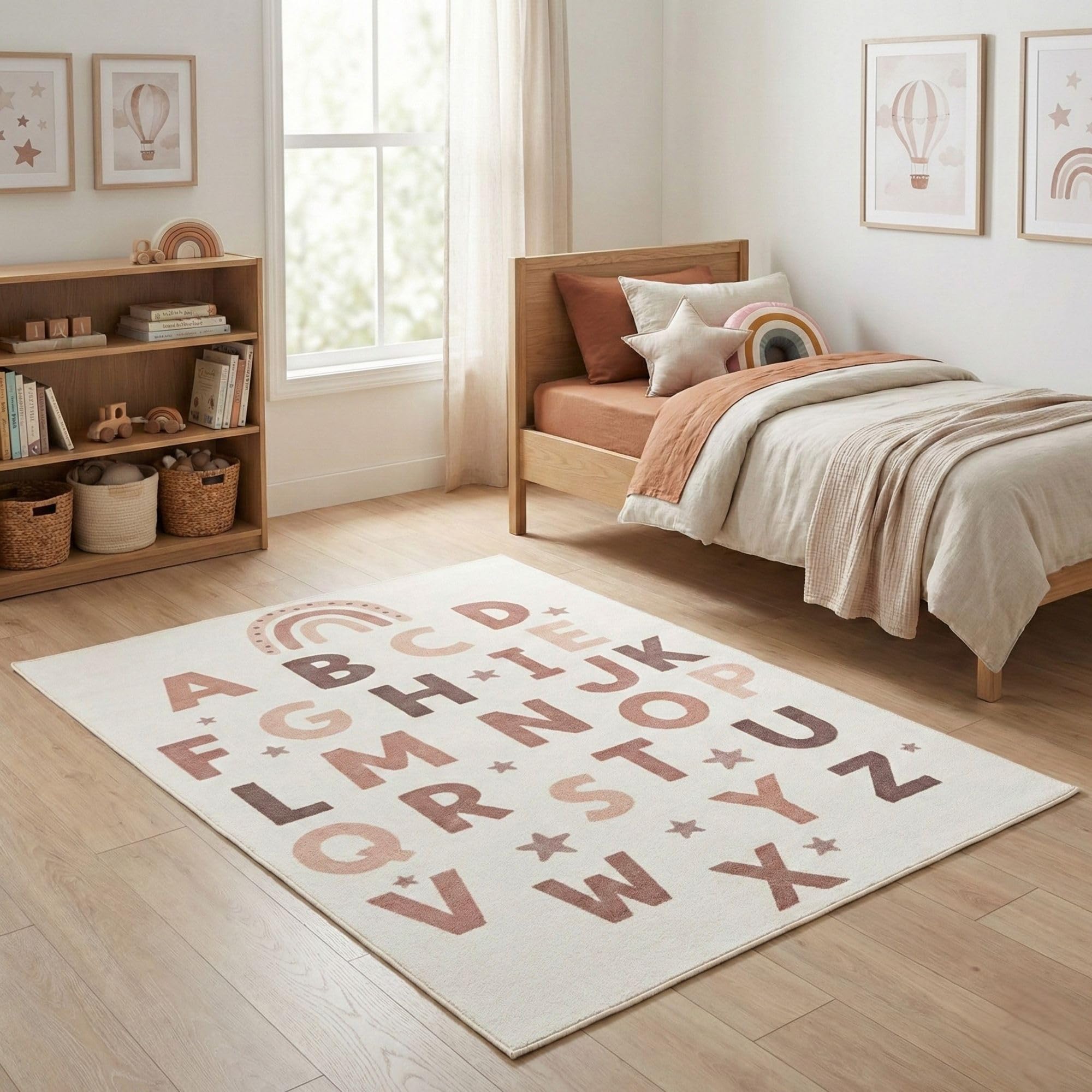 Carpetsale24 Kinderteppich Alphabet Lernteppich für Kinderzimmer in Creme mit Buchstaben Motiv Größe 200x290 cm ideal für Spiel und Lernzimmer