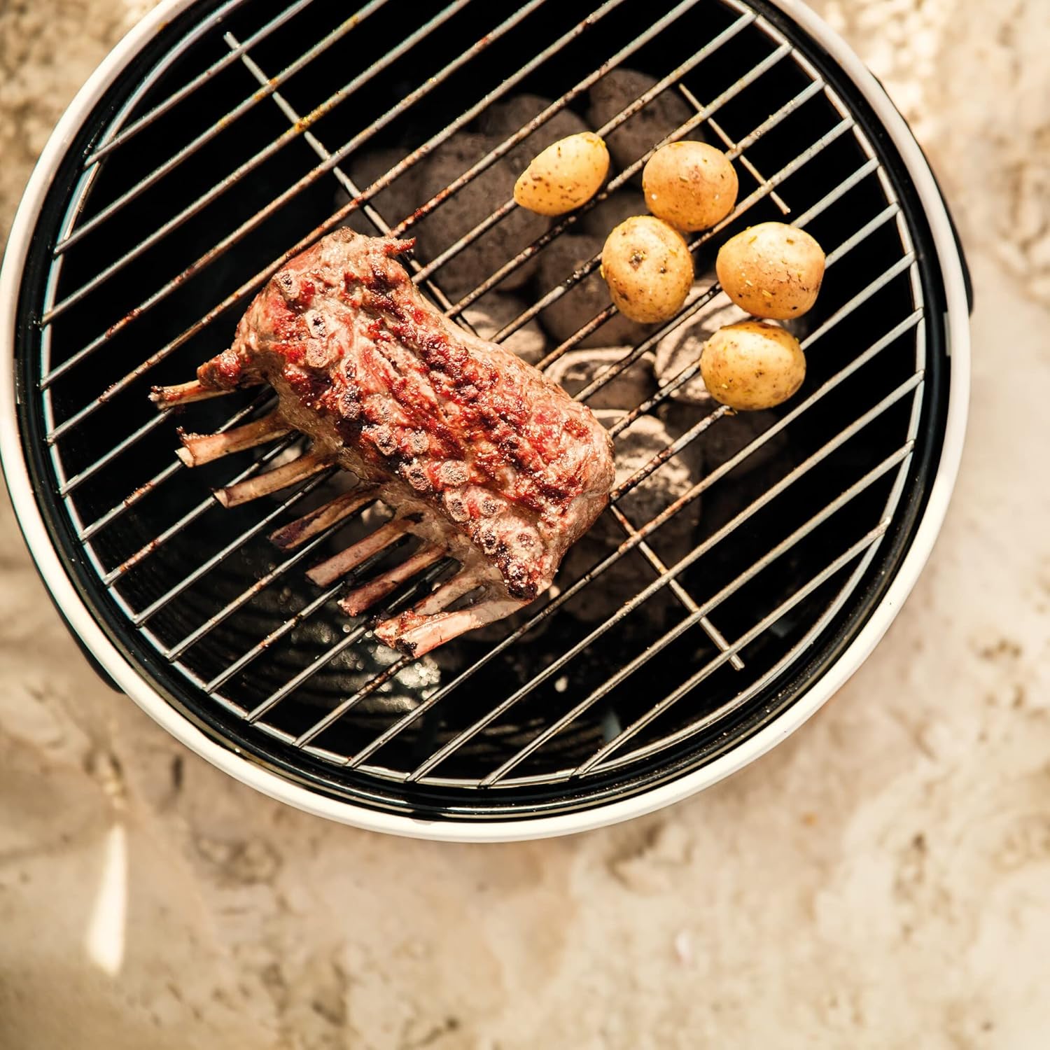 BergHOFF LEO Portable Tabletop BBQ Grill To-go grill with Heat Resistant Base Easy-carry strap & detachable handles, Removable elements, Adjustable airflow, 13.75", White