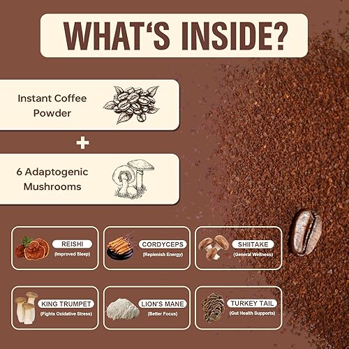 Miniatura 4 de Café de hongos, café instantáneo de hongos en polvo con 6 hongos adaptogénicos (Cordyceps, melena de león, shiitake, cola de pavo) y aceite MCT para